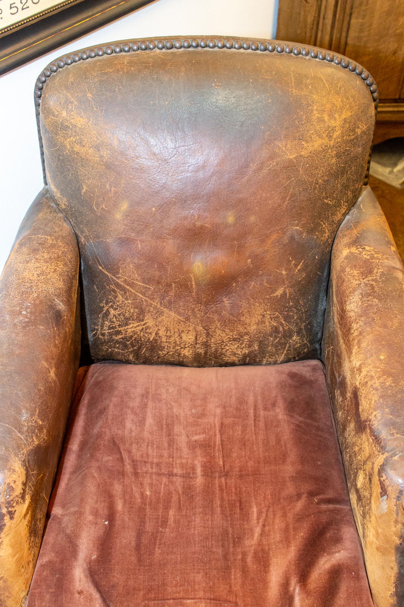 1930s French Distressed Leather and Velvet Armchair with Brass Nailhead Detail 4