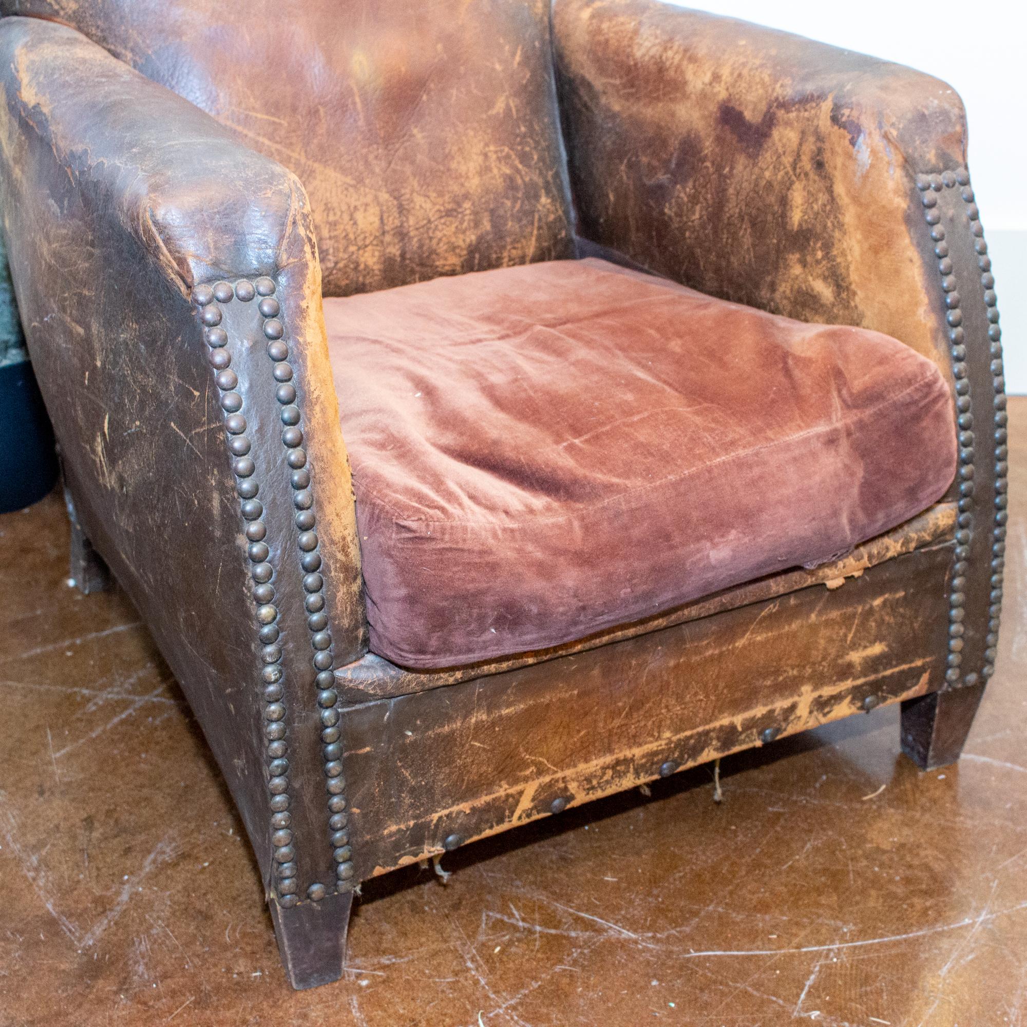 1930s French Distressed Leather and Velvet Armchair with Brass Nailhead Detail 5