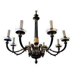 1930s French Empire Brass and Green Rams Head Chandelier