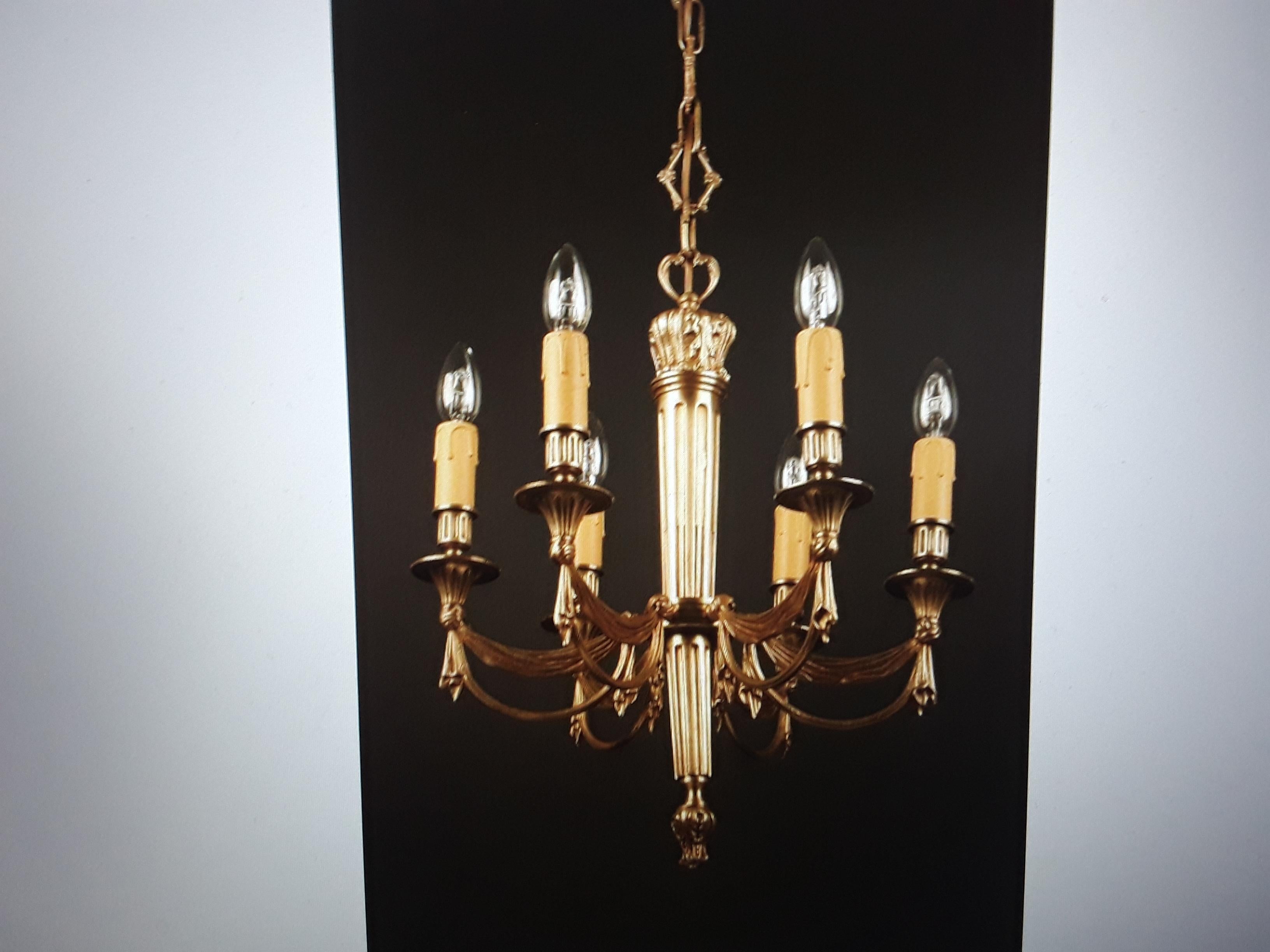 1930s French Empire Dore Bronze Chandelier w/ Drapery Swag Attrib  Maison Bagues For Sale 5