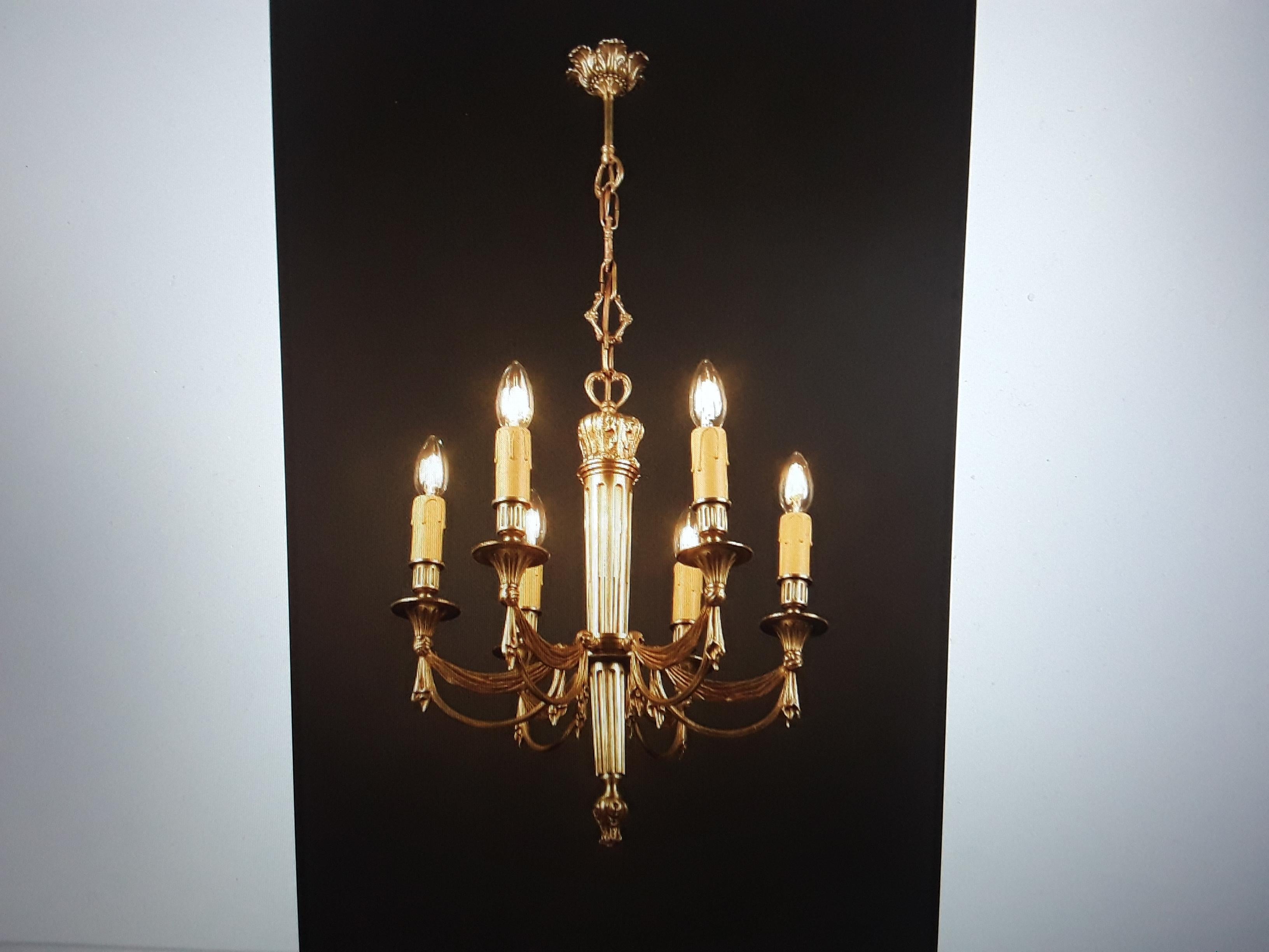 1930s French Empire Dore Bronze Chandelier w/ Drapery Swag Attrib  Maison Bagues For Sale 6