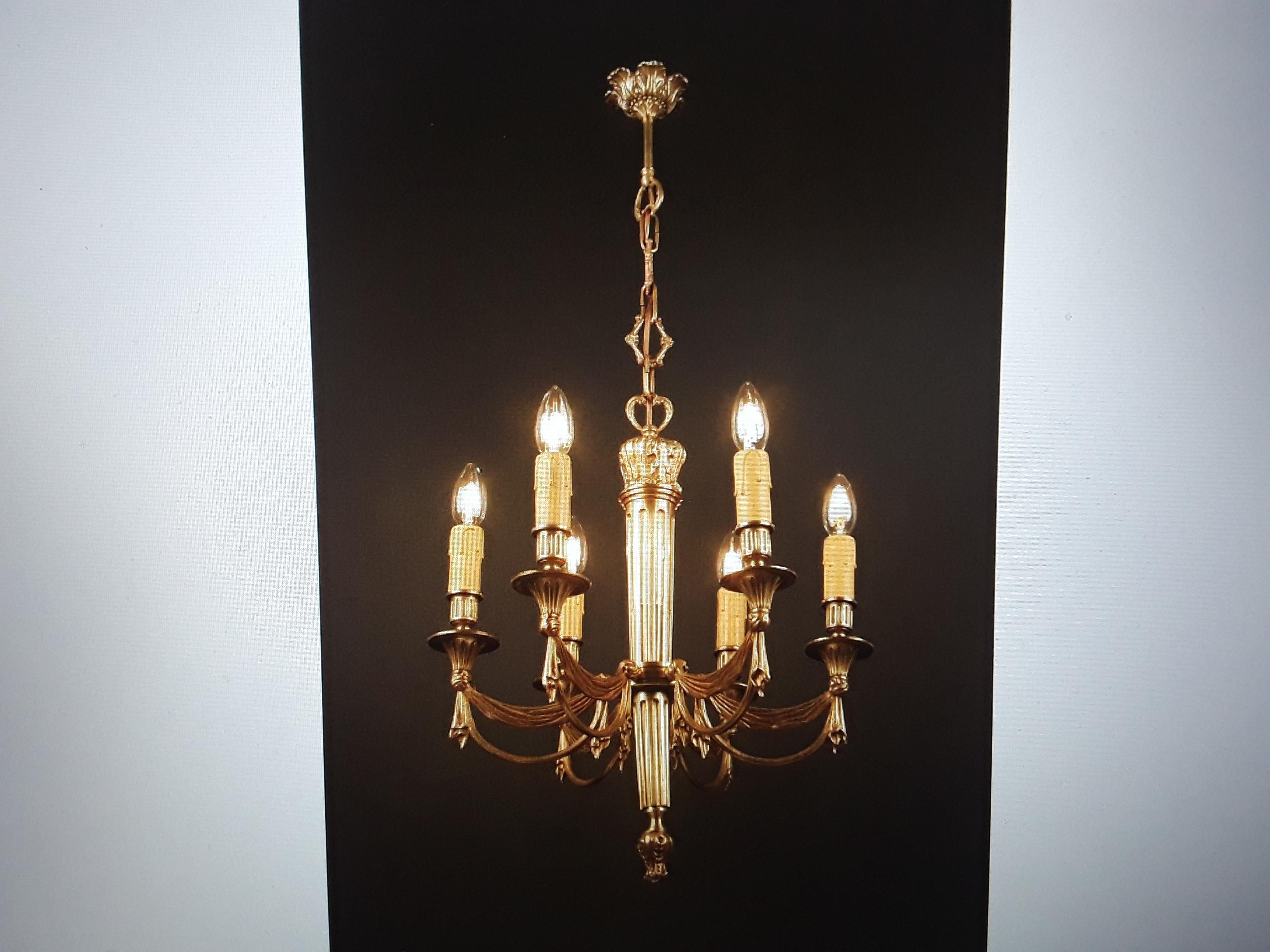 1930s French Empire Dore Bronze Chandelier w/ Drapery Swag Attrib  Maison Bagues For Sale 7