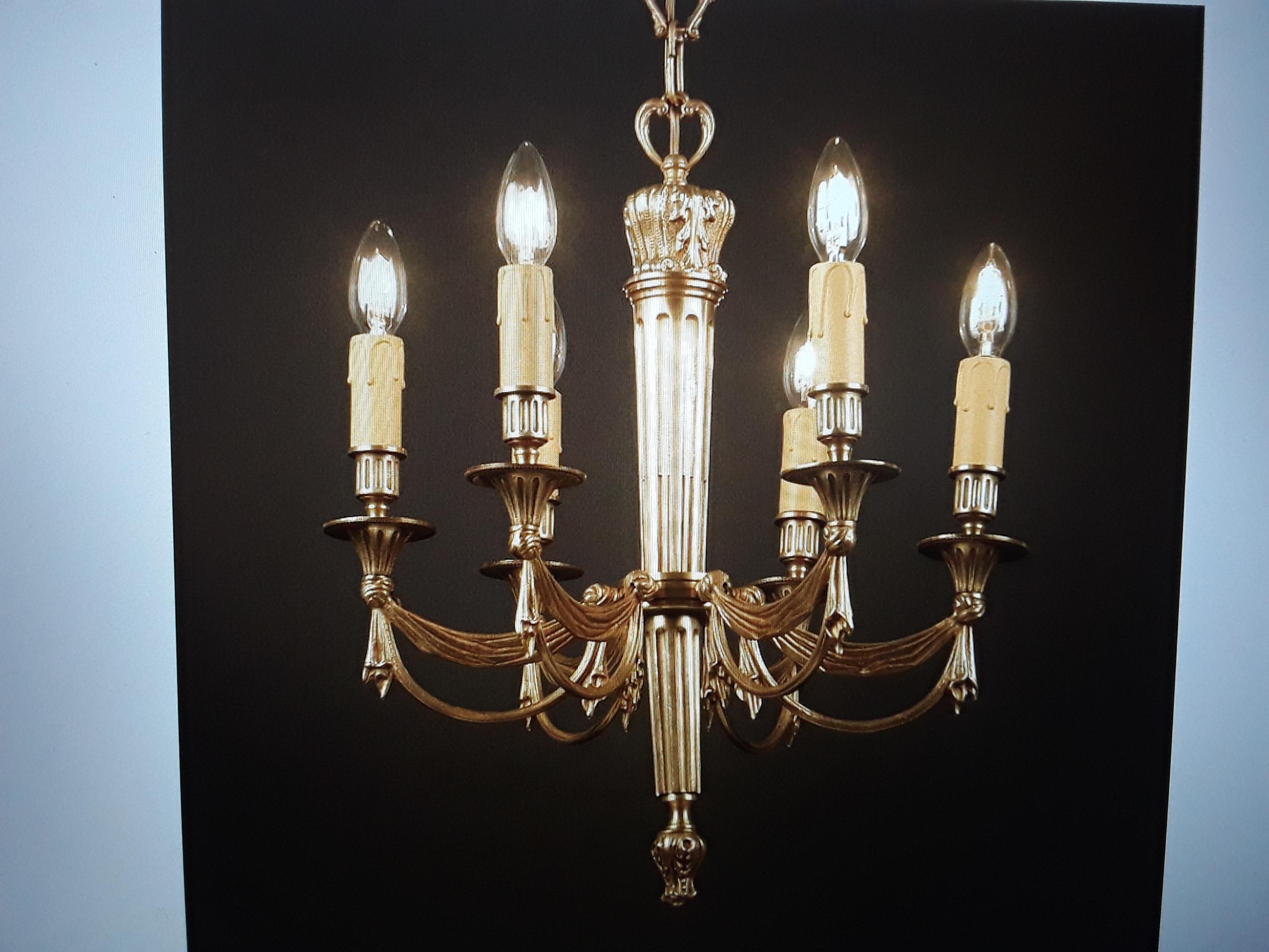 Gilt 1930s French Empire Dore Bronze Chandelier w/ Drapery Swag Attrib  Maison Bagues For Sale
