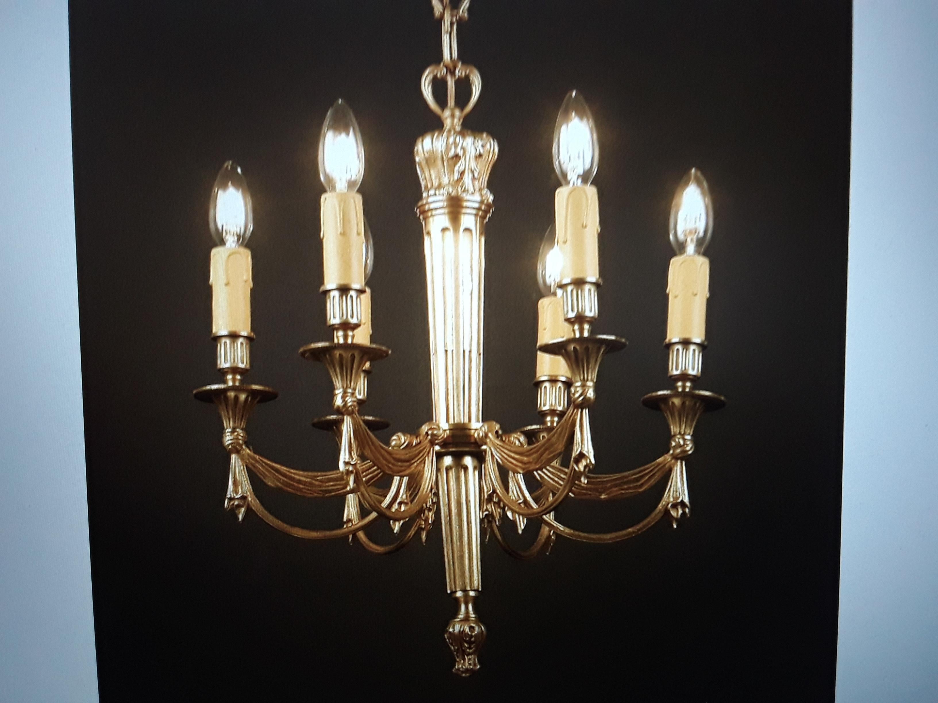 1930s French Empire Dore Bronze Chandelier w/ Drapery Swag Attrib  Maison Bagues For Sale 1