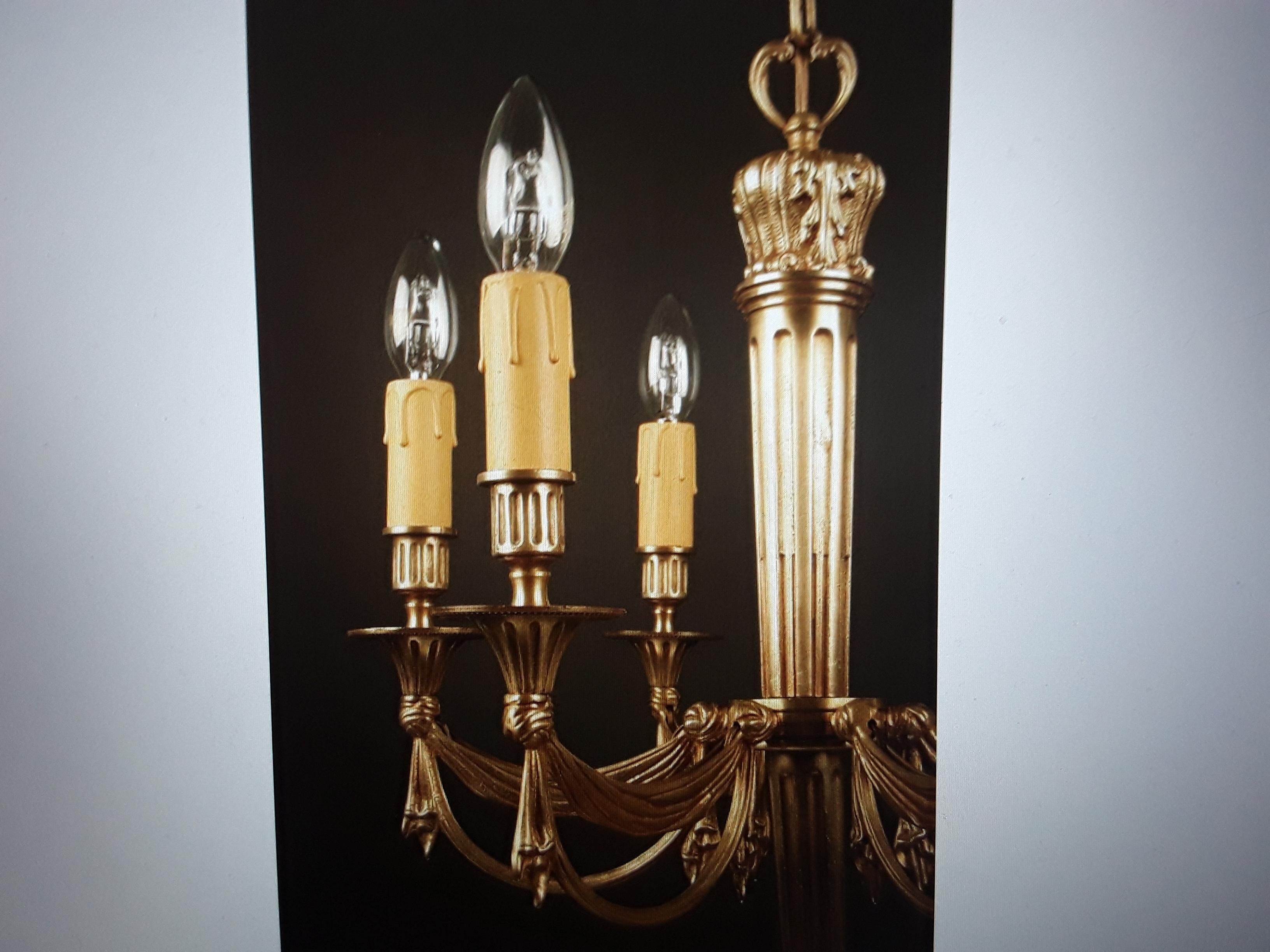 1930s French Empire Dore Bronze Chandelier w/ Drapery Swag Attrib  Maison Bagues For Sale 2