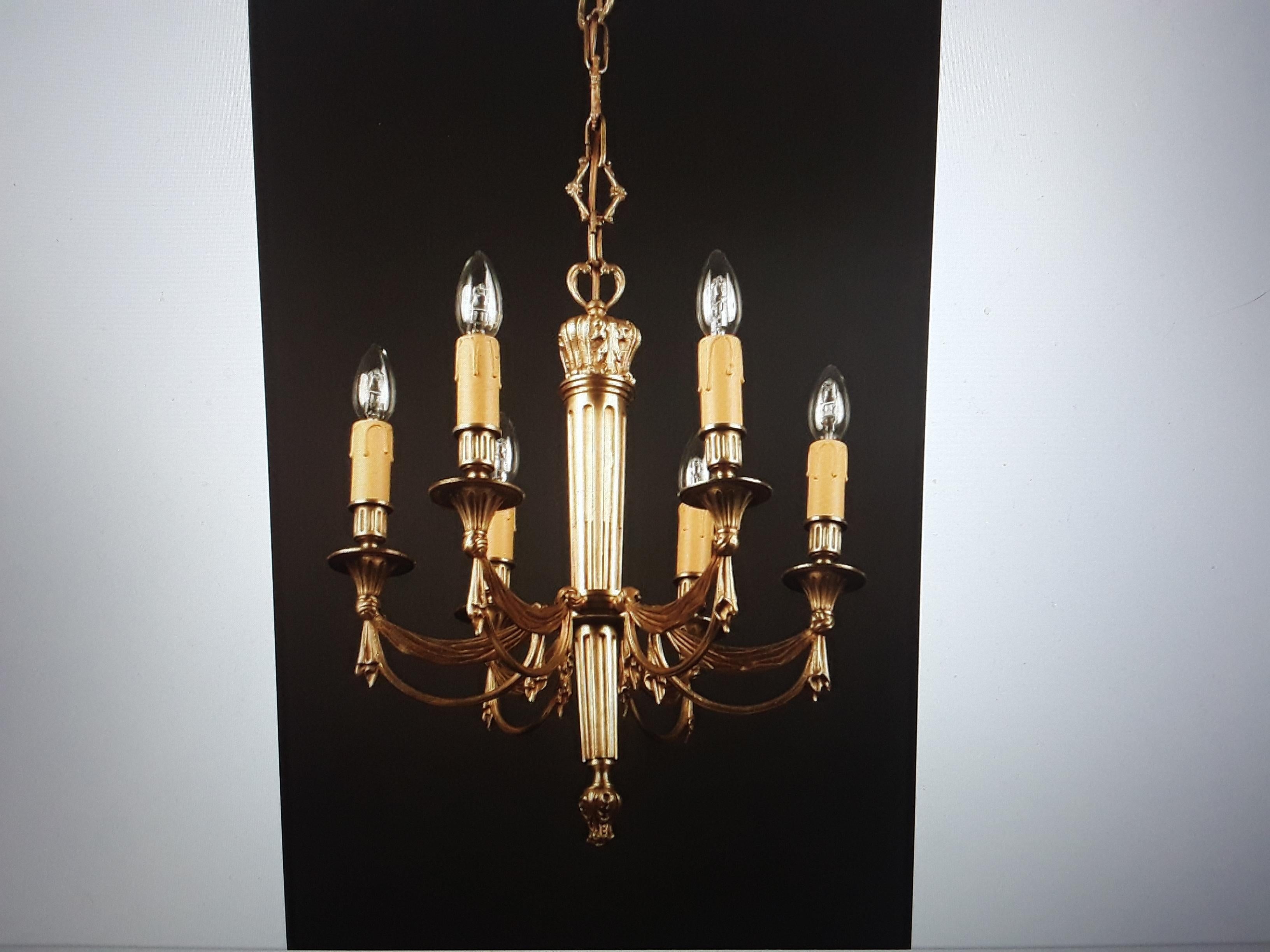 1930s French Empire Dore Bronze Chandelier w/ Drapery Swag Attrib  Maison Bagues For Sale 4