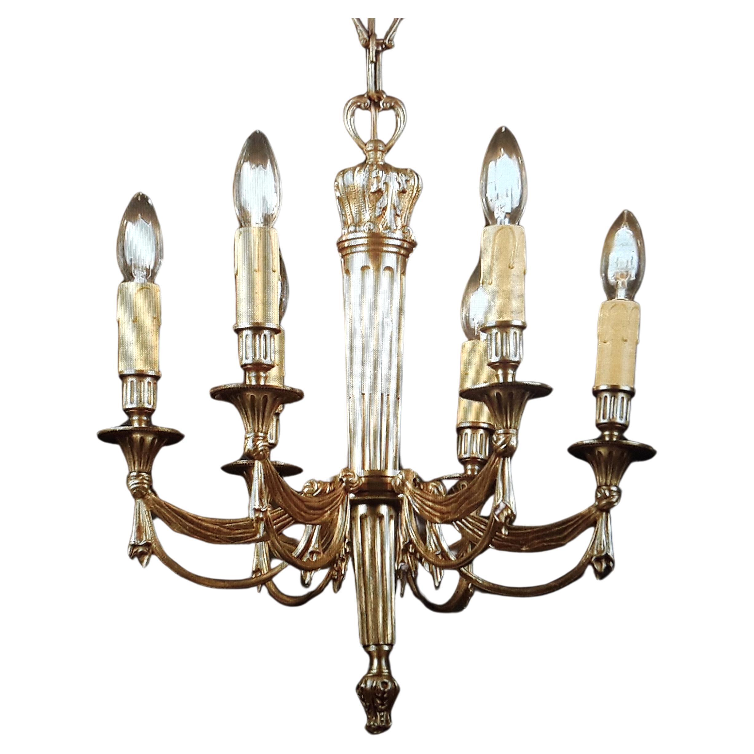 1930s French Empire Dore Bronze Chandelier w/ Drapery Swag Attrib  Maison Bagues For Sale