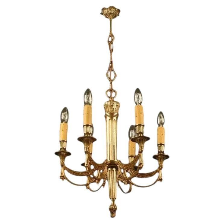 1930s French Empire Dore Bronze Chandelier w/ Drapery Swag Attrib  Maison Bagues For Sale