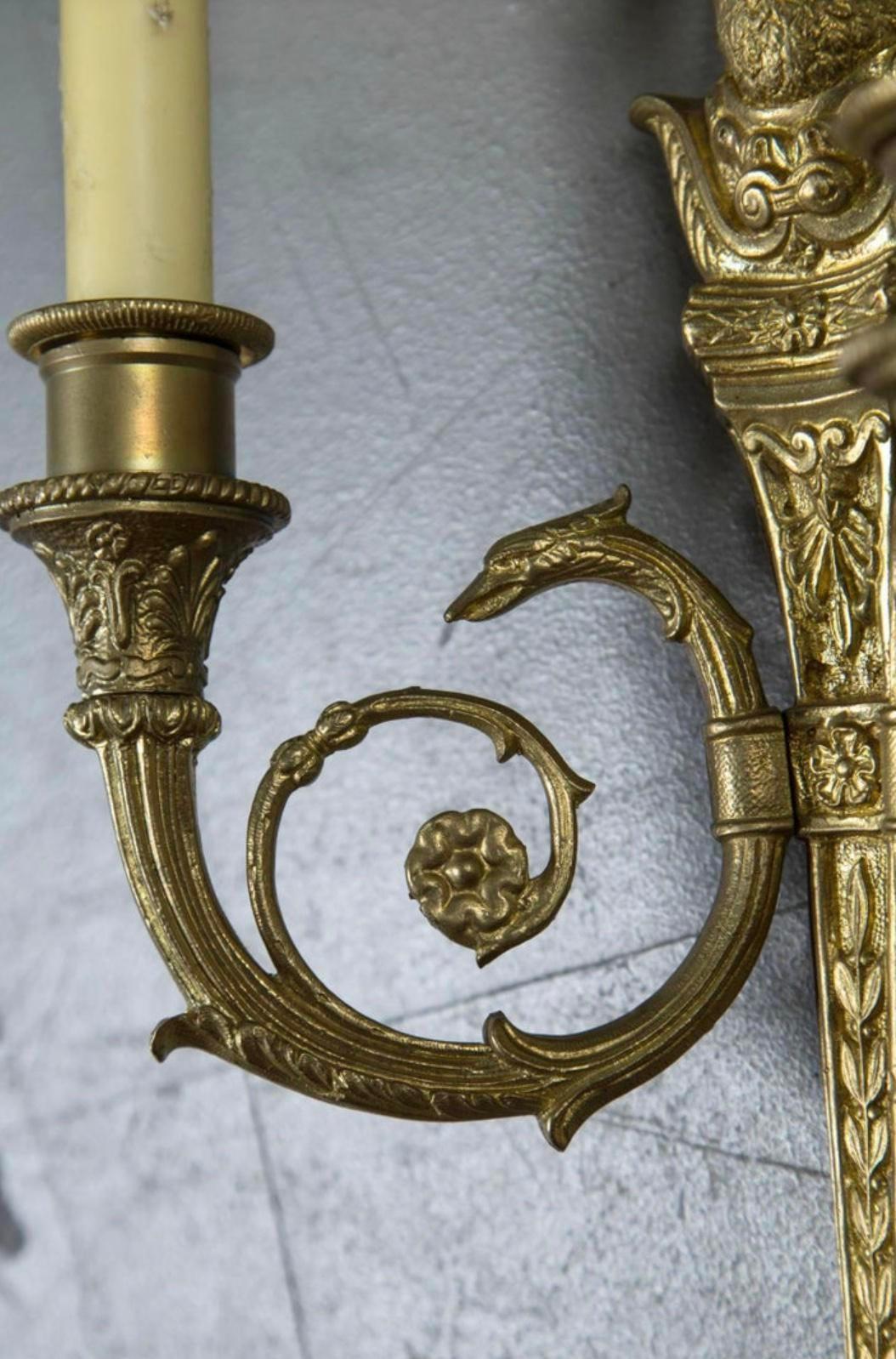 Engraved 1930’s French Empire Style Bronze Sconces For Sale