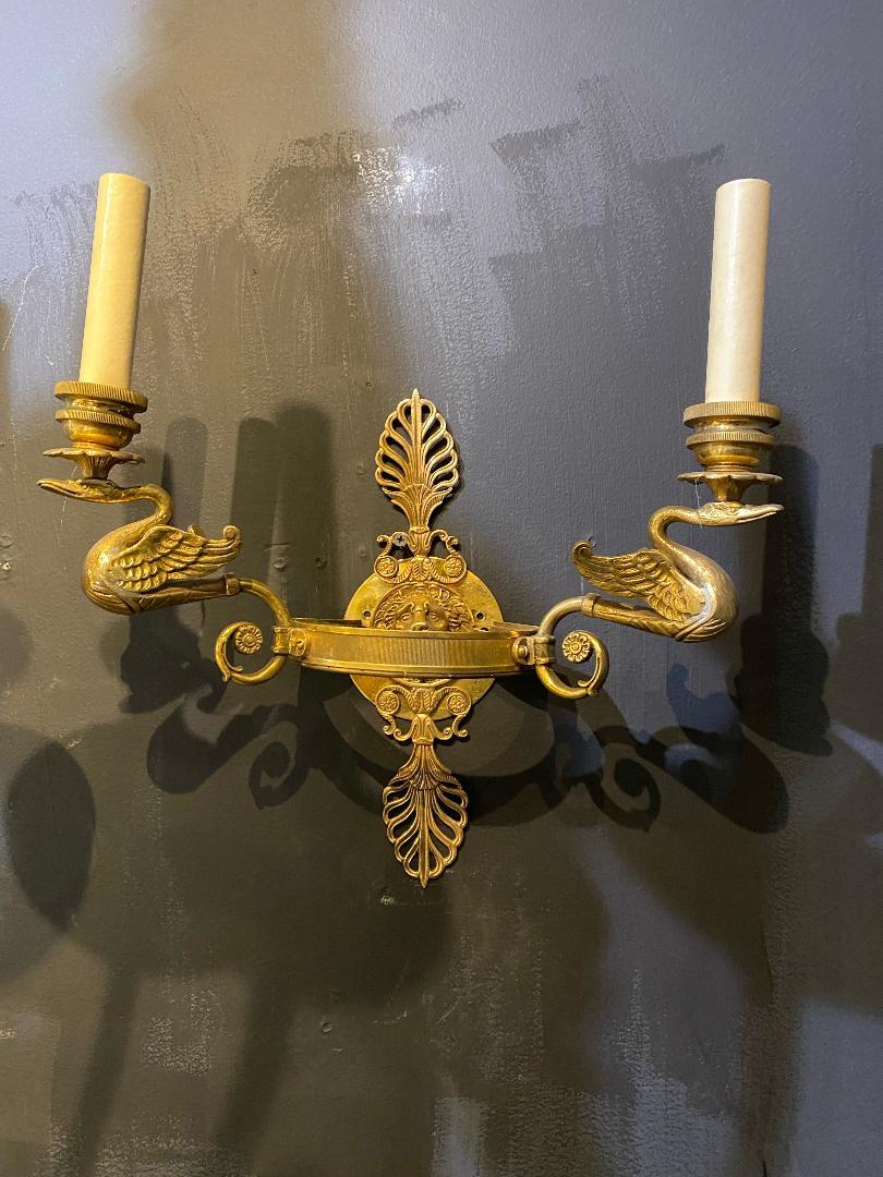 Mid-20th Century 1930's French Empire Lion and Swans Sconces For Sale