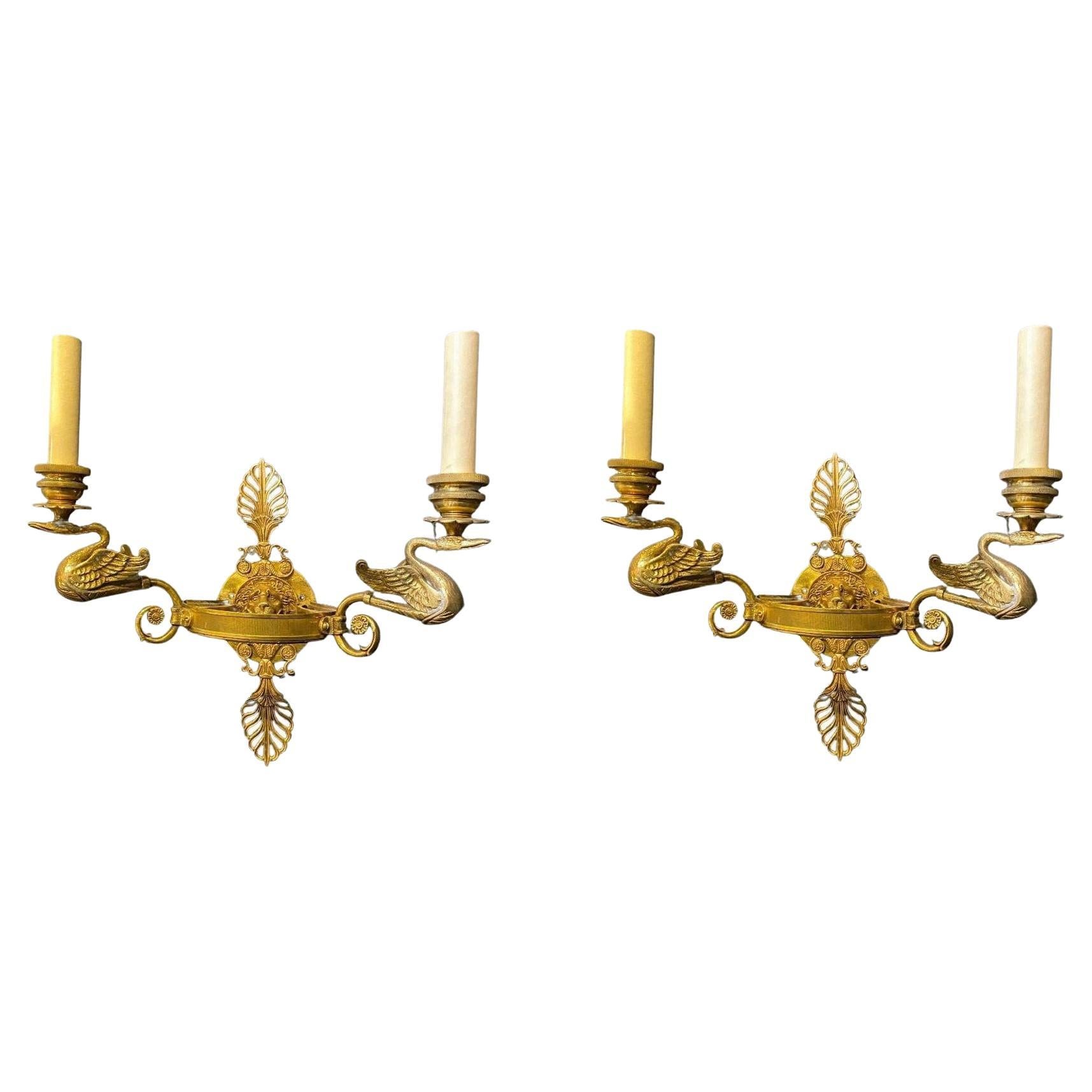1930's French Empire Lion and Swans Sconces