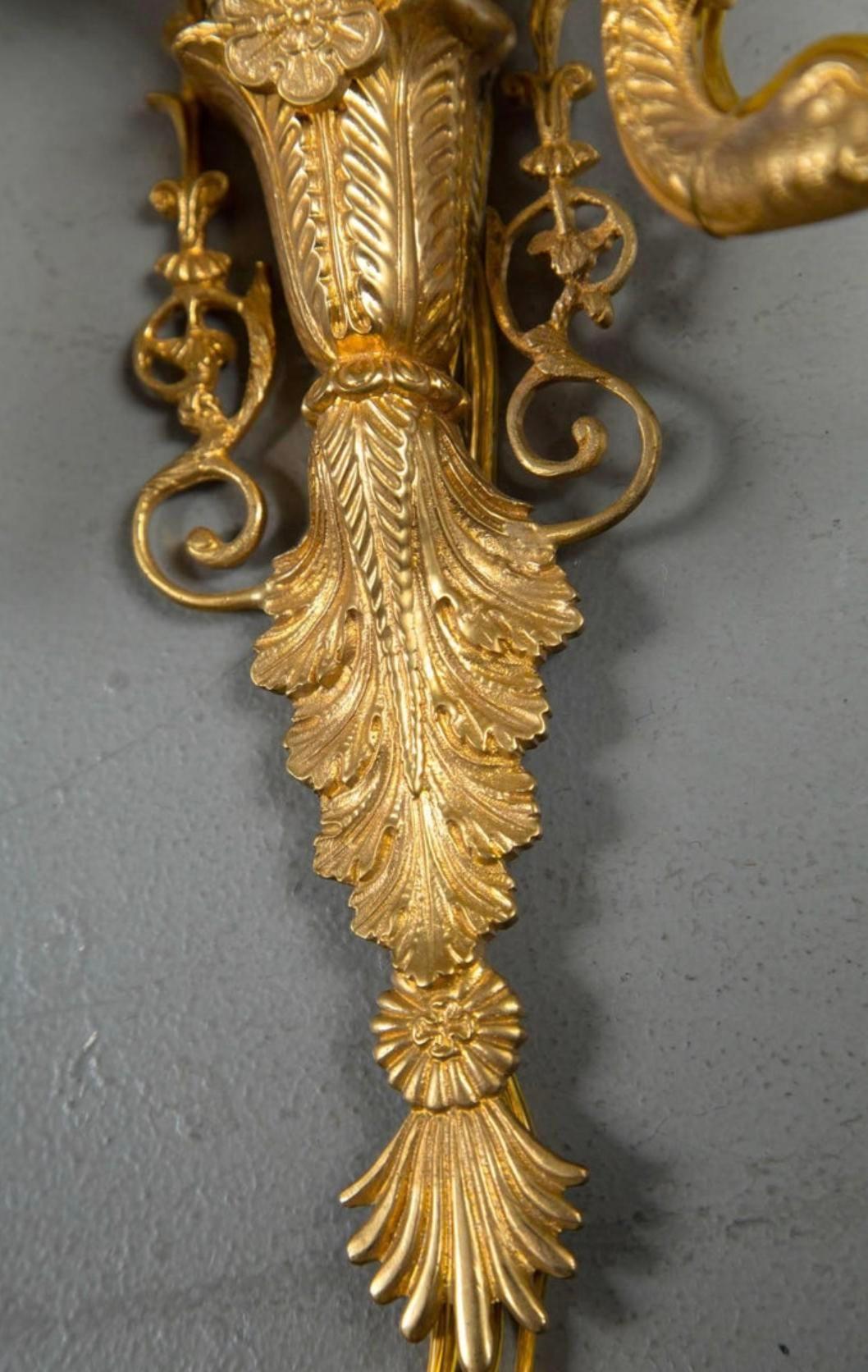 Engraved 1930’s French Empire Three Light Sconces For Sale