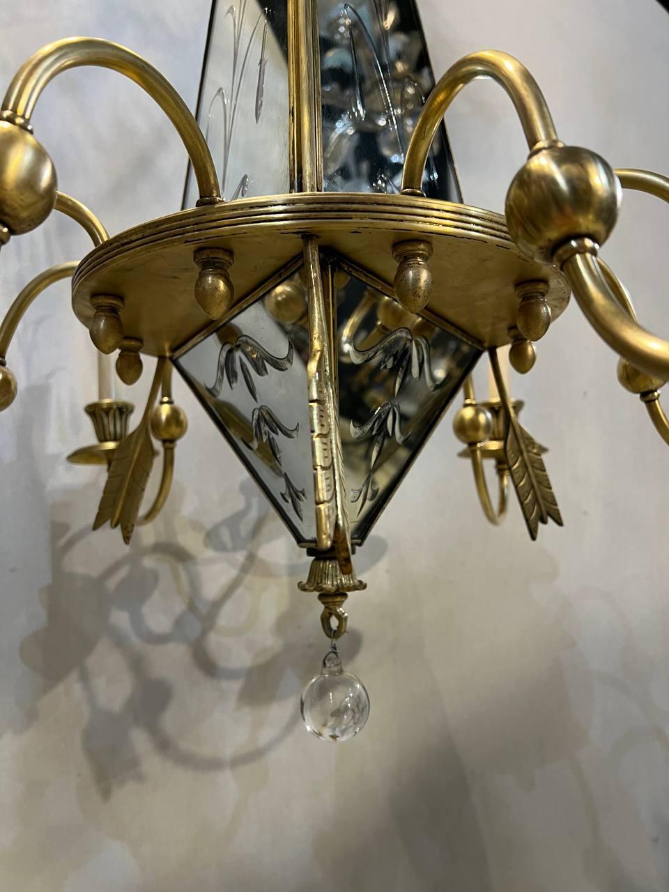 Mid-20th Century 1930’s French Etched Mirrored and Bronze Chandelier For Sale