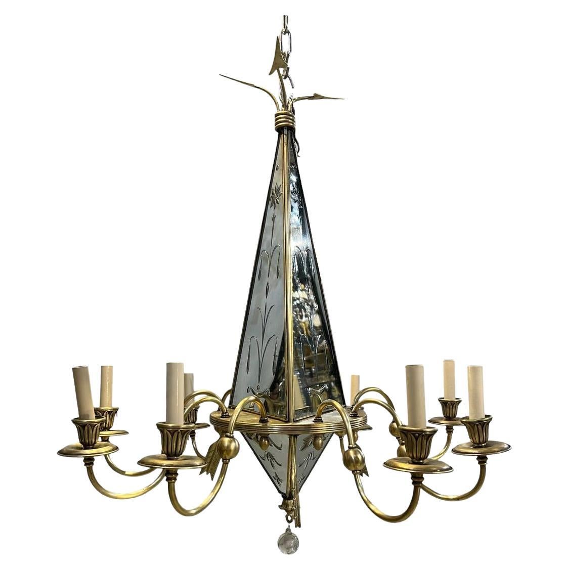 1930’s French Etched Mirrored and Bronze Chandelier For Sale