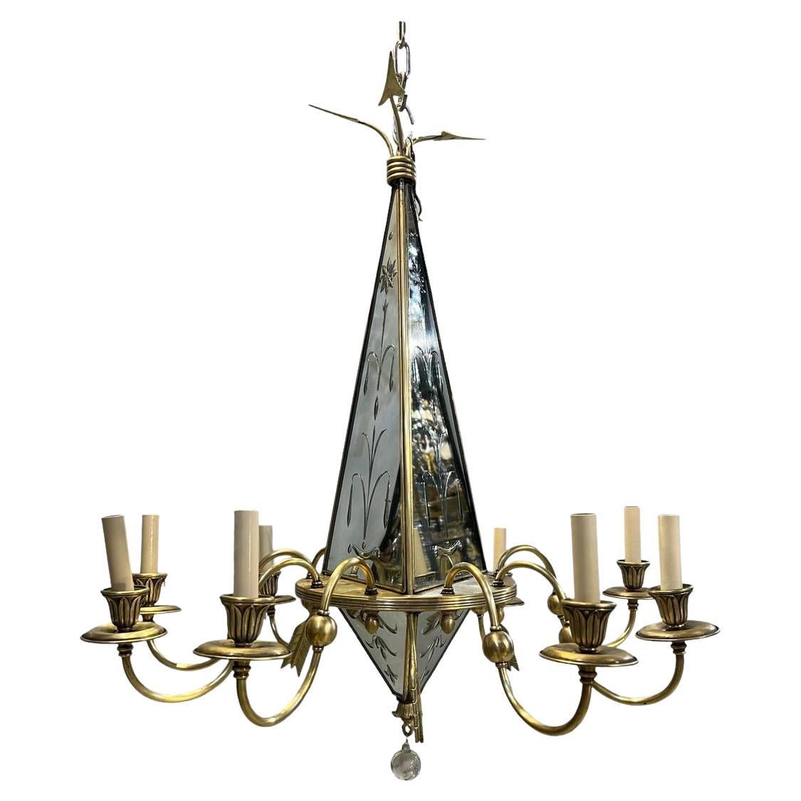 Lampadario francese del 1930 con specchio acidato e bronzo in vendita