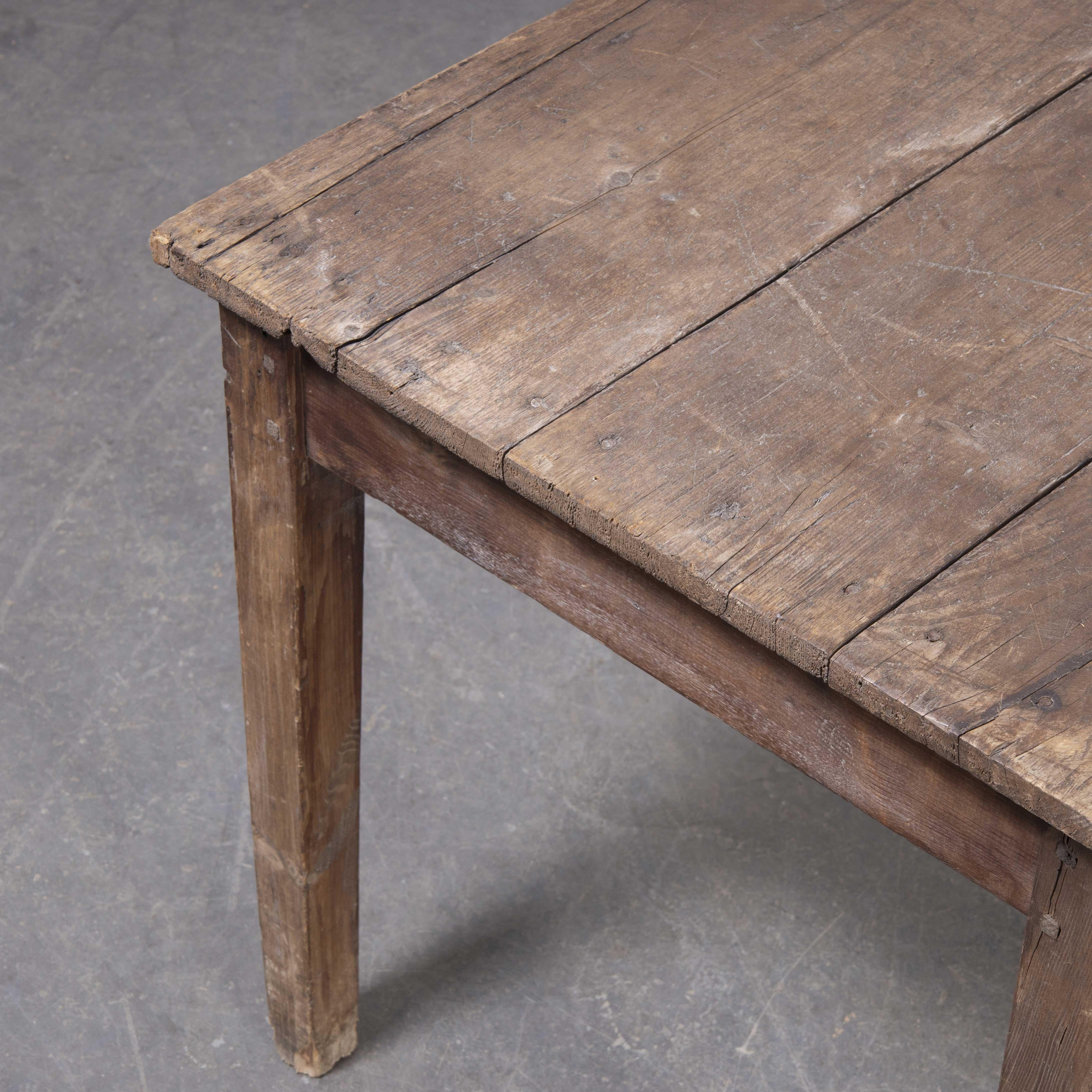 1930’s French Farmhouse table – Planked Pine
1930’s French Farmhouse table – Planked Pine. Good honest early French farmhouse table in good original condition. Crudely made with a planked top made of three long simple planks, the central plank has