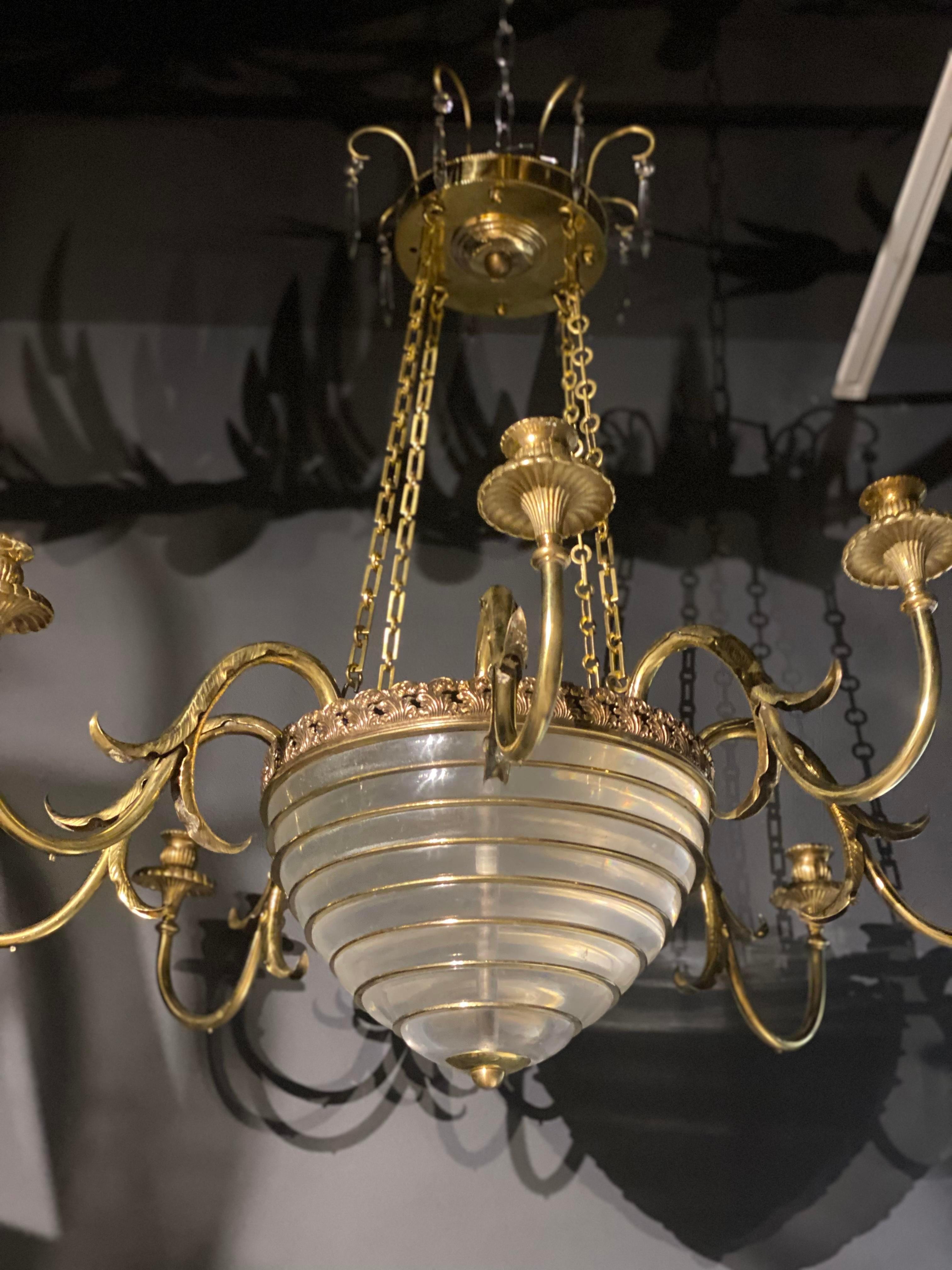 French Provincial 1930’s French Gilt Bronze and Crystal Chandelier For Sale