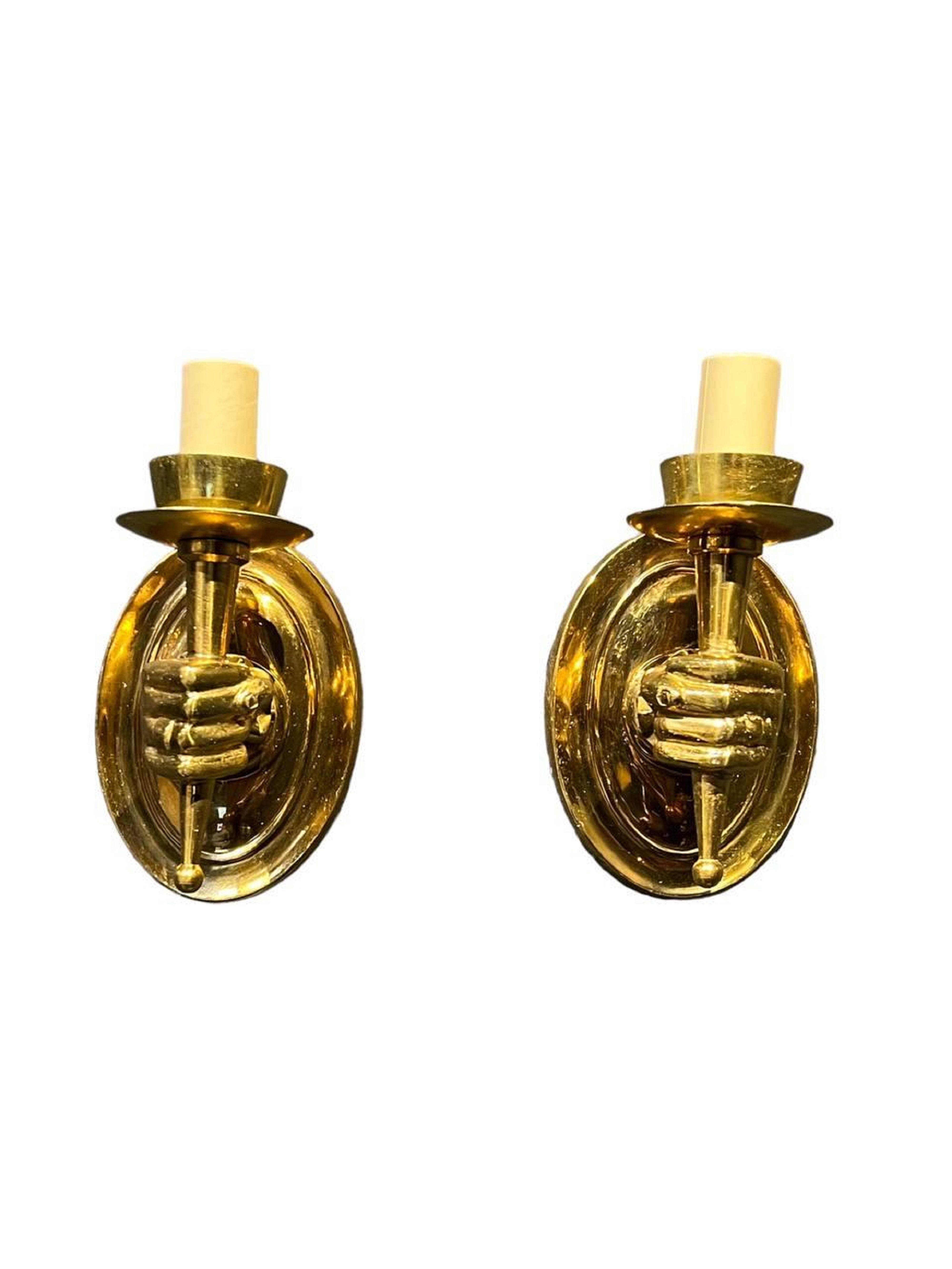 1930’s French Gilt Bronze Arm Sconces In Good Condition For Sale In New York, NY
