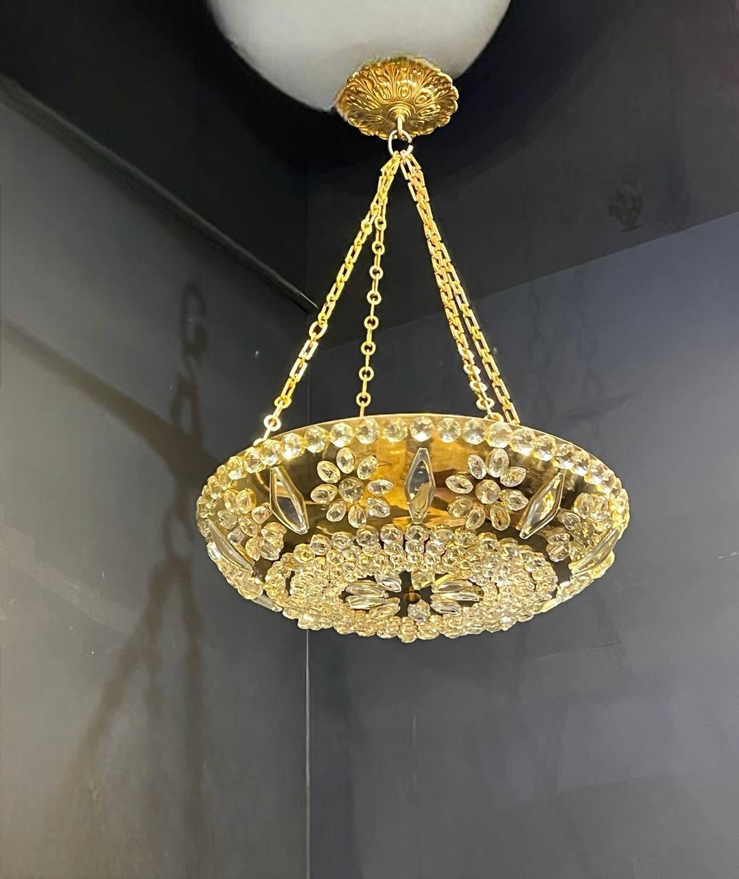 1930's French Gilt Bronze Light Fixture with Beaded Glass For Sale 2