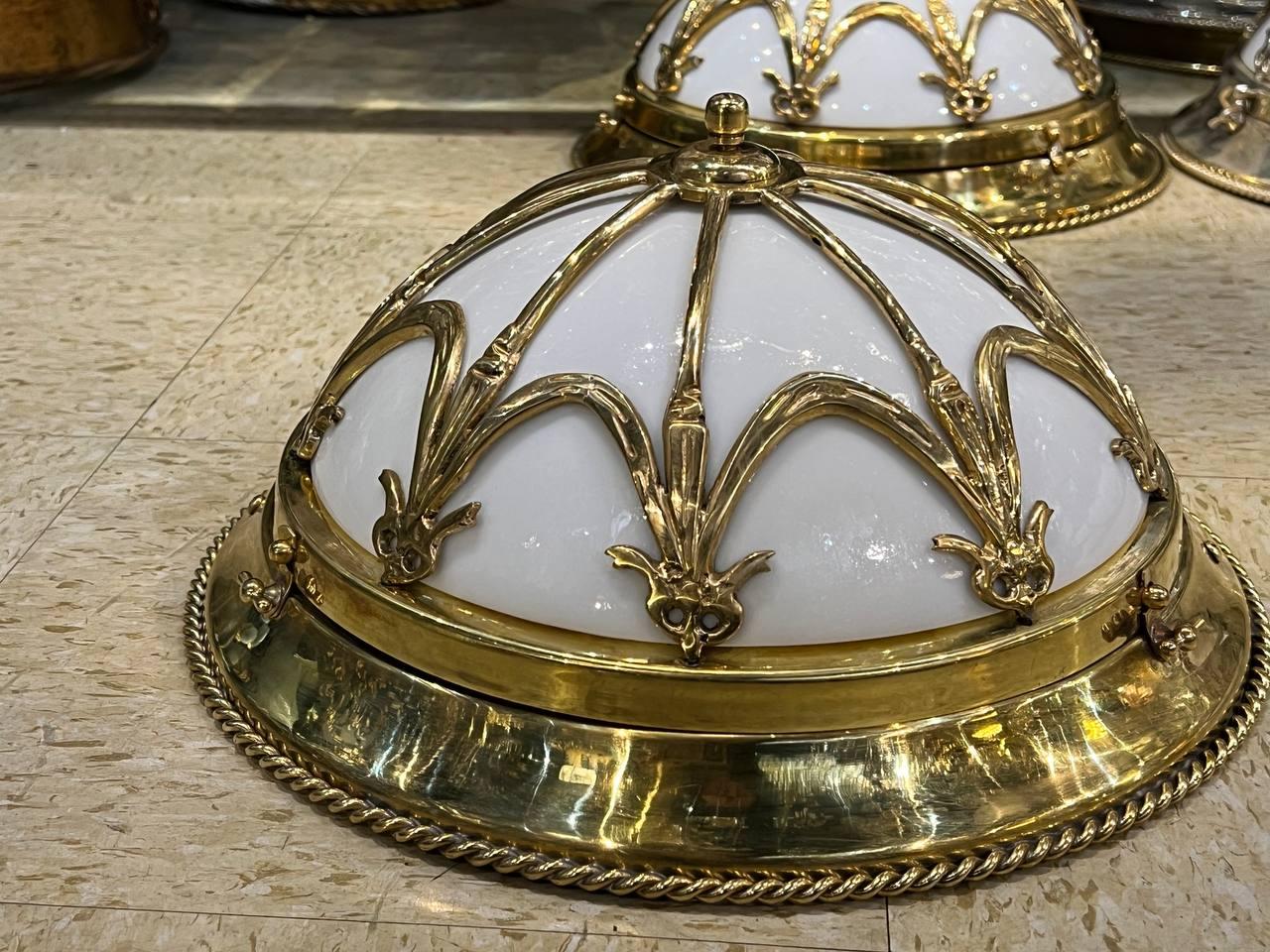 Mid-20th Century 1930's French Gilt Bronze Light Fixtures with Opaline Glass For Sale