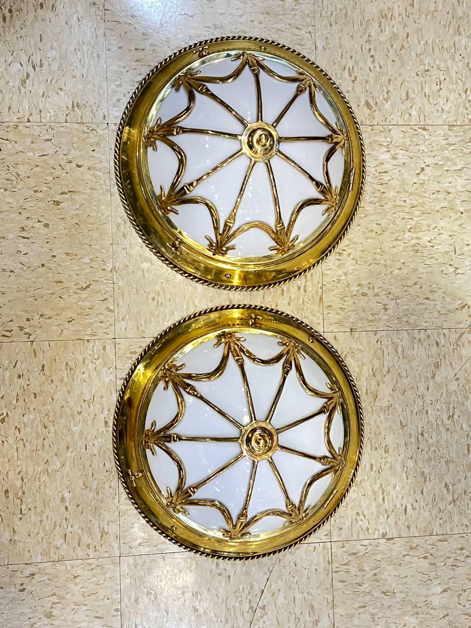1930's French Gilt Bronze Light Fixtures with Opaline Glass For Sale 1