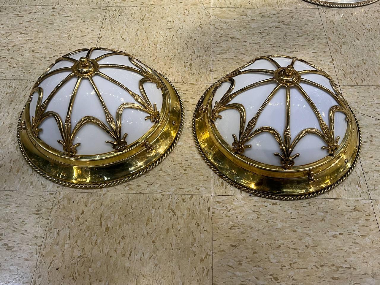 1930's French Gilt Bronze Light Fixtures with Opaline Glass For Sale 2