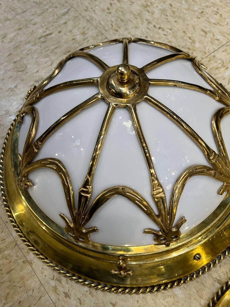 1930's French Gilt Bronze Light Fixtures with Opaline Glass For Sale 3