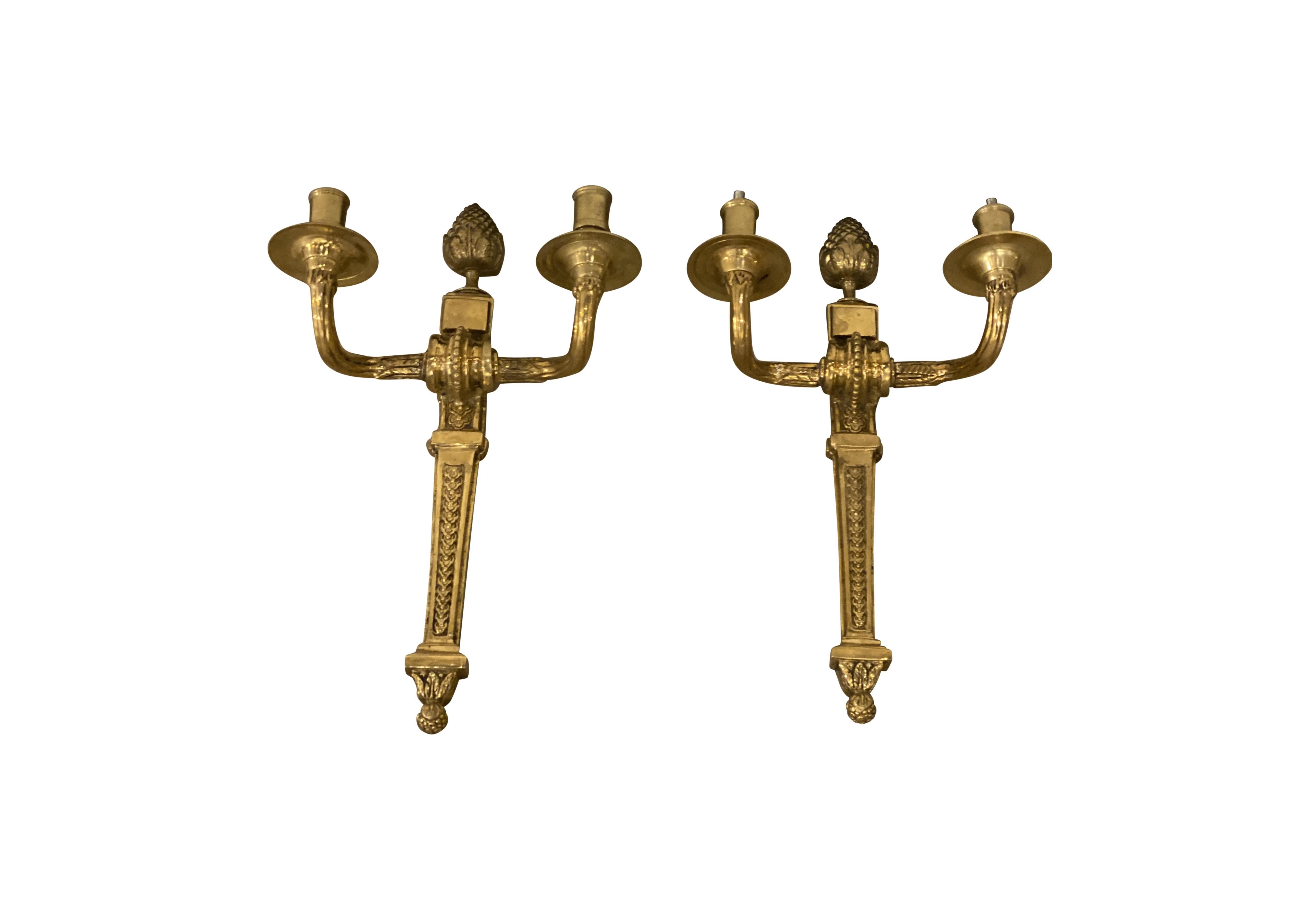 Engraved 1930's French Gilt Bronze Sconces For Sale