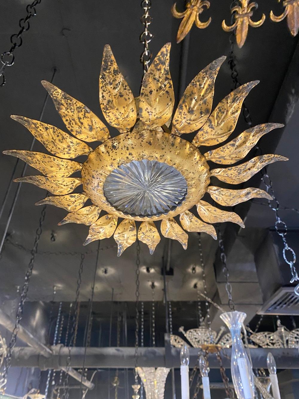 1930’s French Gilt Metal Sunburst Flush Mount In Good Condition For Sale In New York, NY