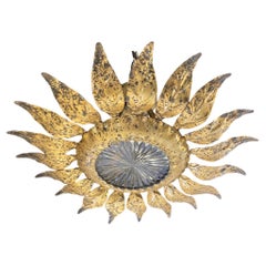 Vintage 1930’s French Gilt Metal Sunburst Flush Mount