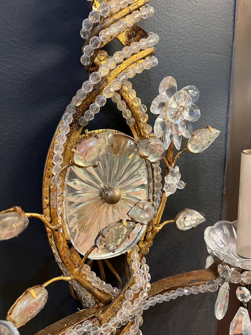 Mid-20th Century 1930s French Gilt Metal Twisted Sconces with crystals  For Sale