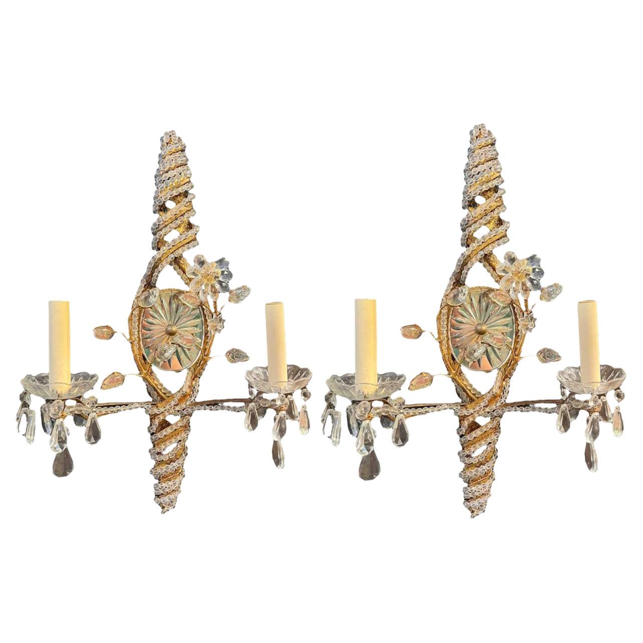 1930s French Gilt Metal Twisted Sconces with crystals  For Sale
