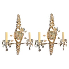 1930s French Gilt Metal Twisted Sconces with crystals 