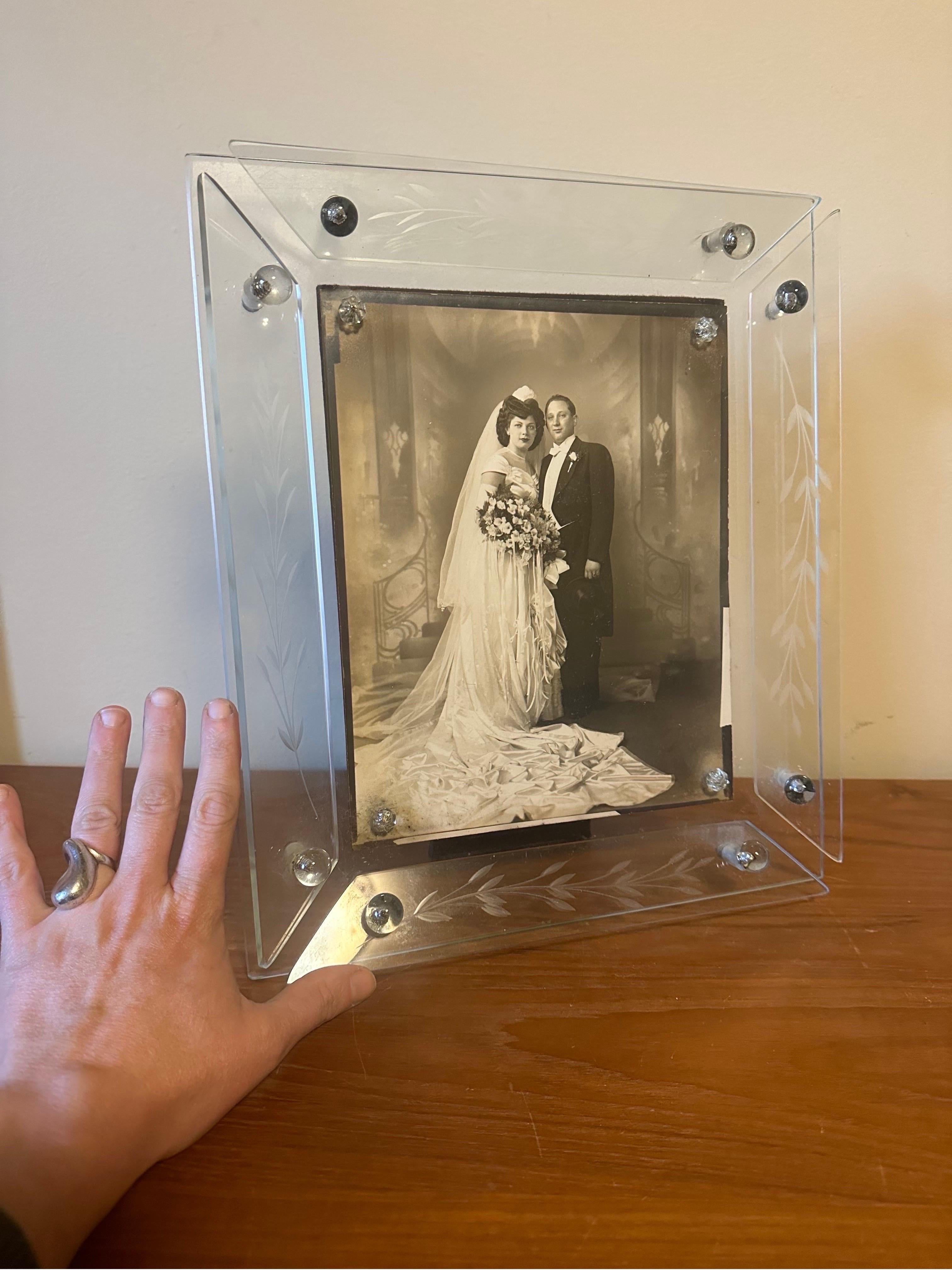 European 1930s French glass wedding photo frame large  For Sale