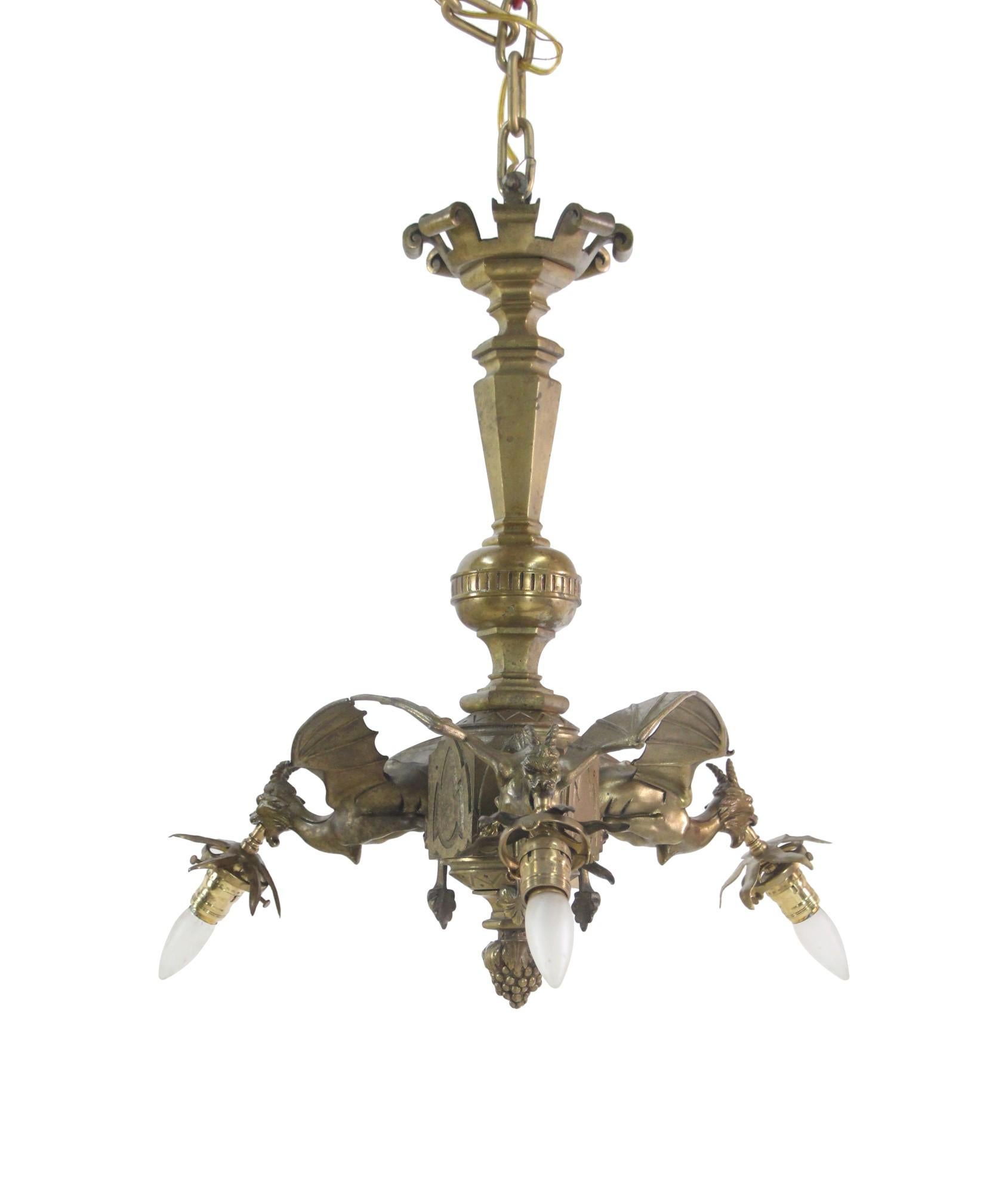 Belgian 1930s French Gothic Flying Griffins Chandelier Bronze w/ 3-Arms