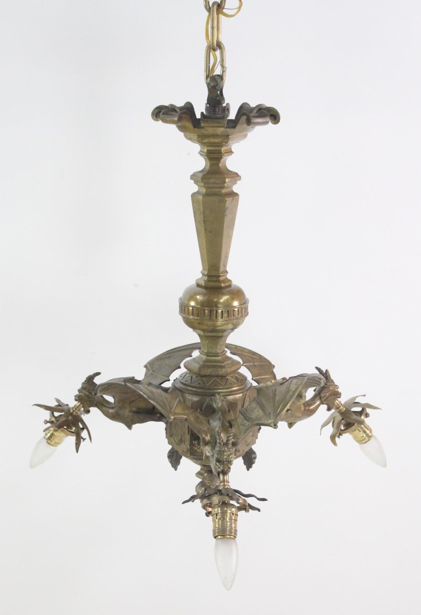 Cast 1930s French Gothic Flying Griffins Chandelier Bronze w/ 3-Arms