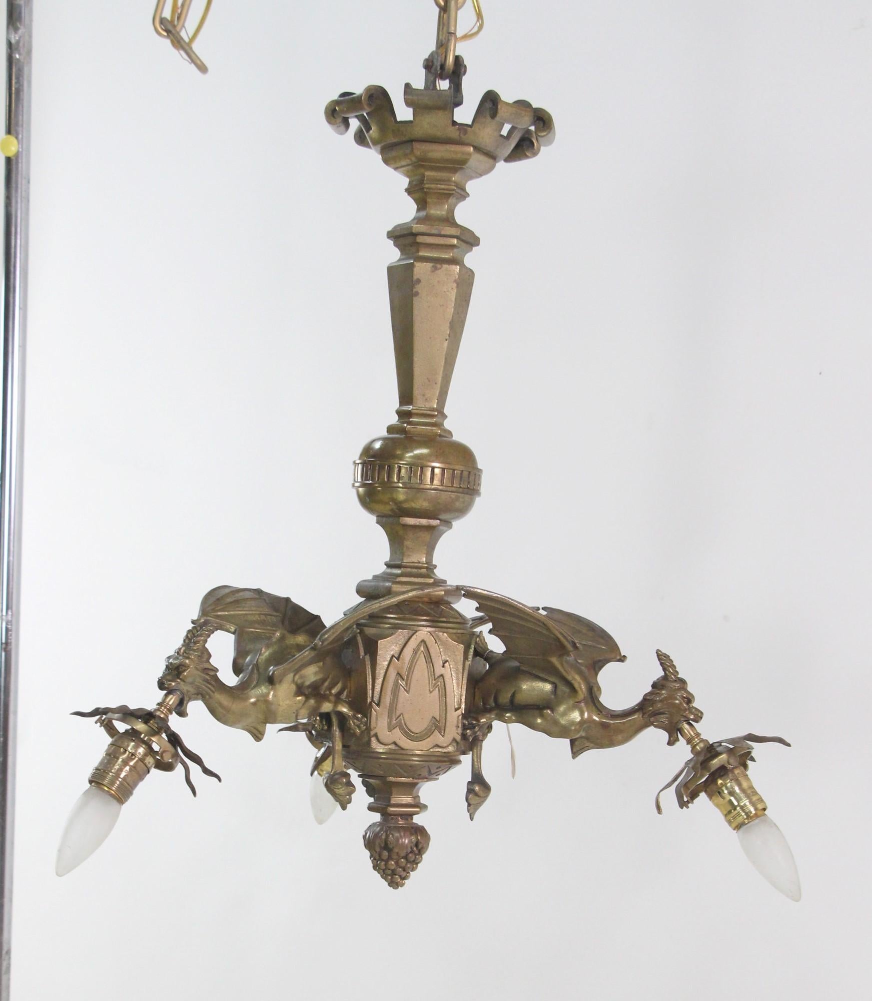 1930s French Gothic Flying Griffins Chandelier Bronze w/ 3-Arms In Good Condition In New York, NY