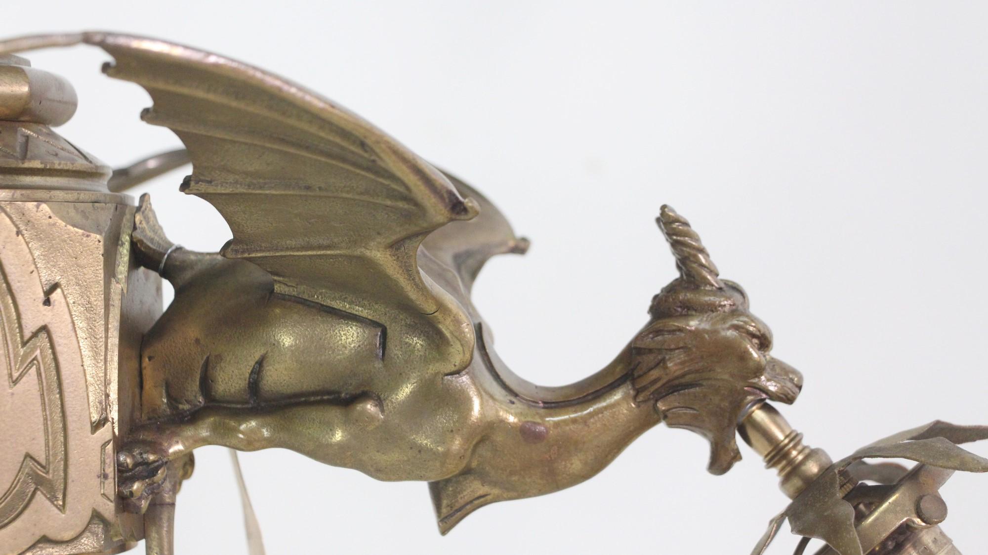 20th Century 1930s French Gothic Flying Griffins Chandelier Bronze w/ 3-Arms