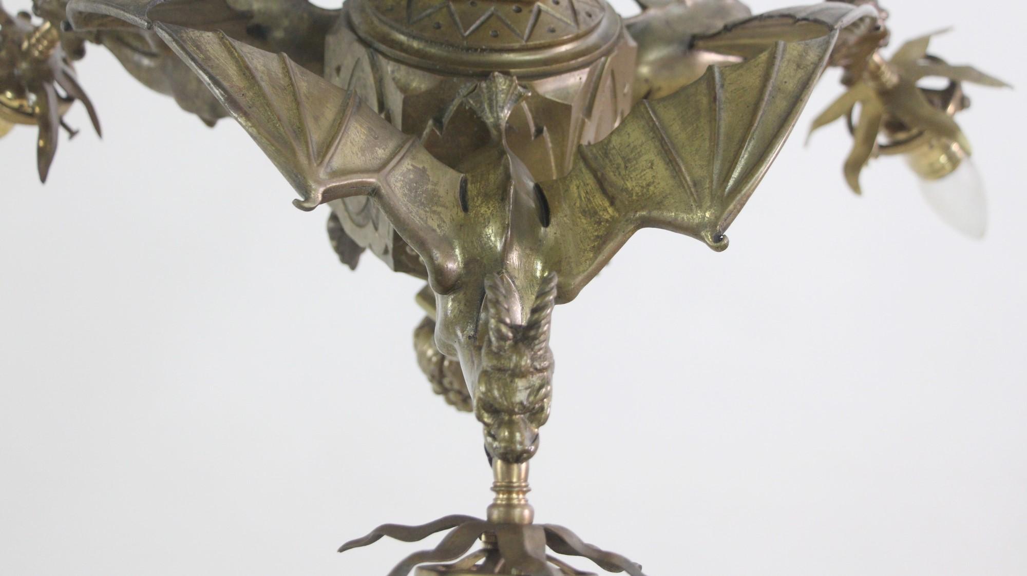 1930s French Gothic Flying Griffins Chandelier Bronze w/ 3-Arms 2