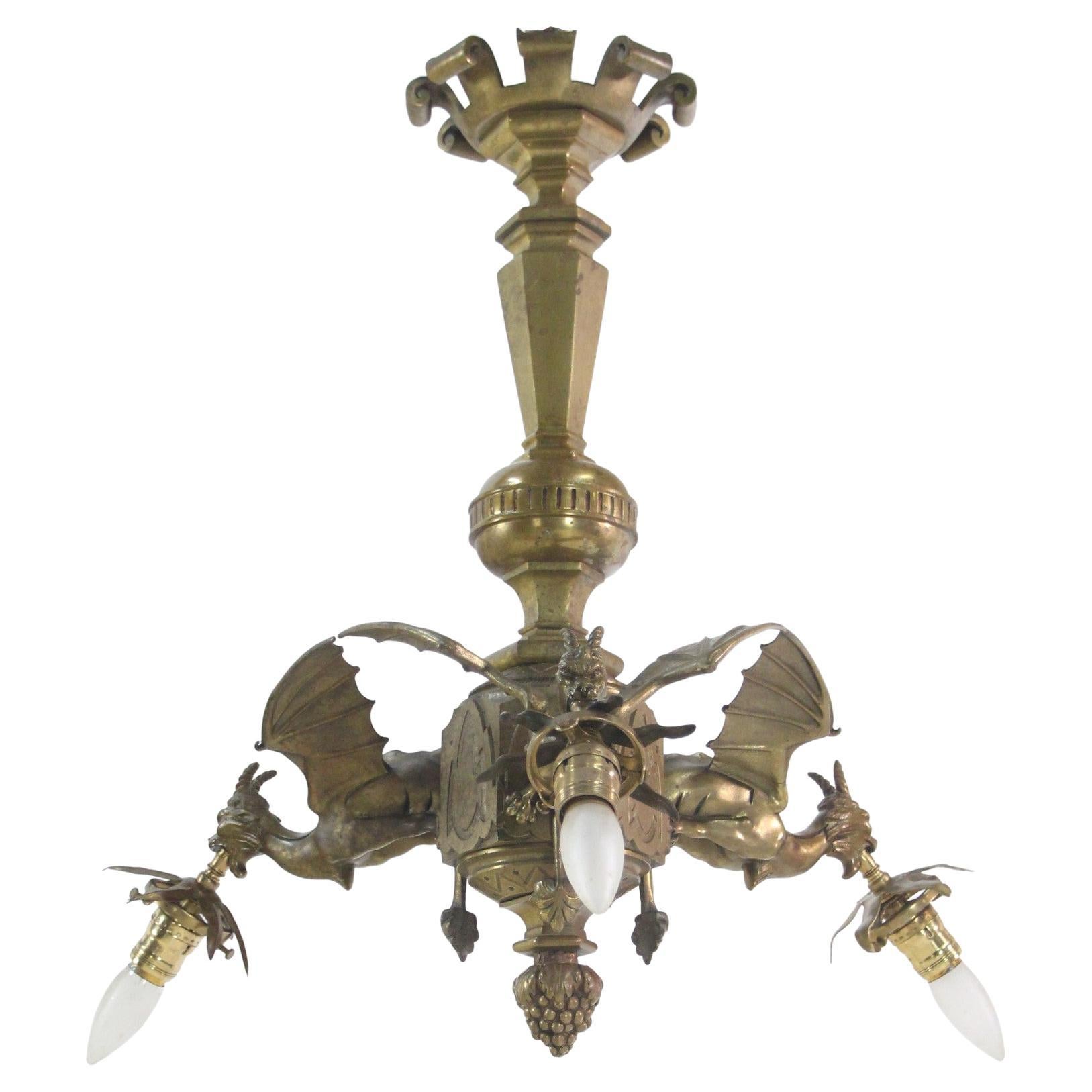1930s French Gothic Flying Griffins Chandelier Bronze w/ 3-Arms