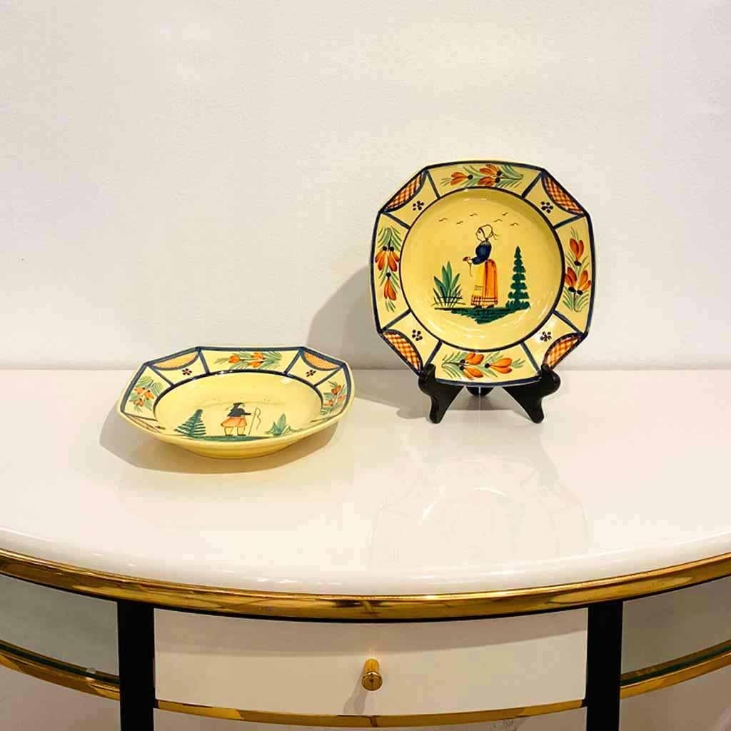 1930s French Henriot Quimper Faience Pair of Man Woman Octagonal Yellow Plates 1