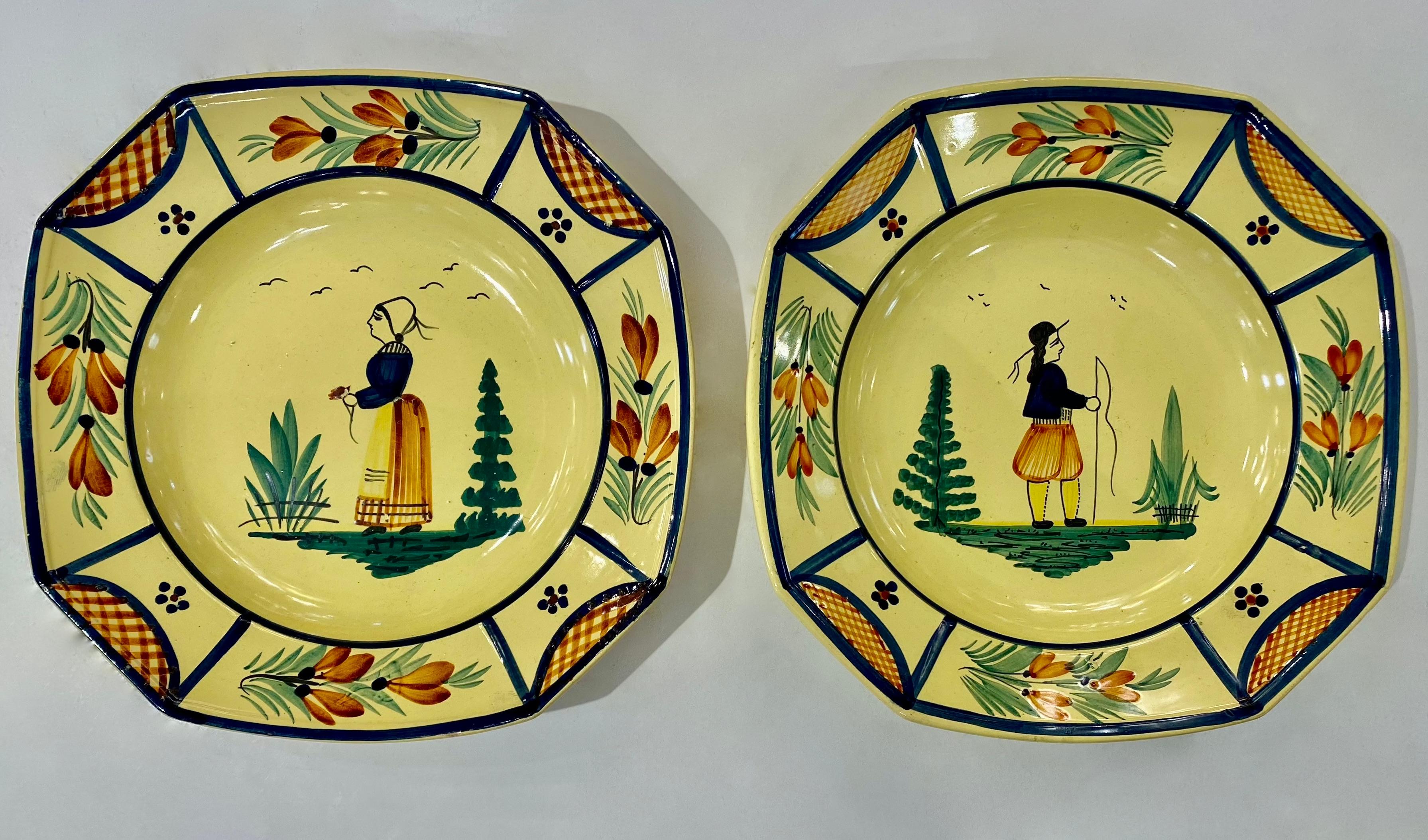 1930s French Henriot Quimper Faience Pair of Man Woman Octagonal Yellow Plates 2