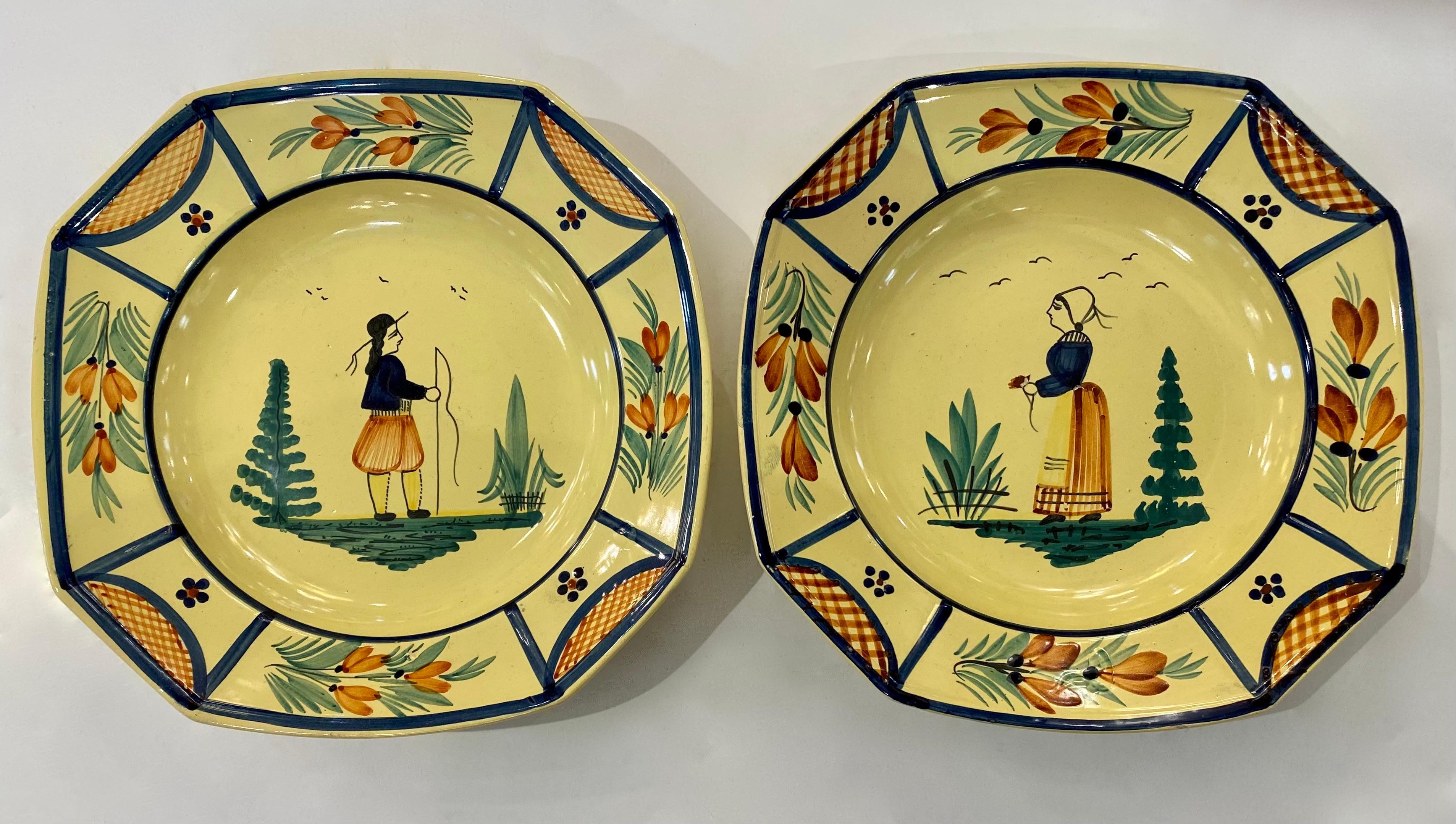 1930s French Henriot Quimper Faience Pair of Man Woman Octagonal Yellow Plates 3