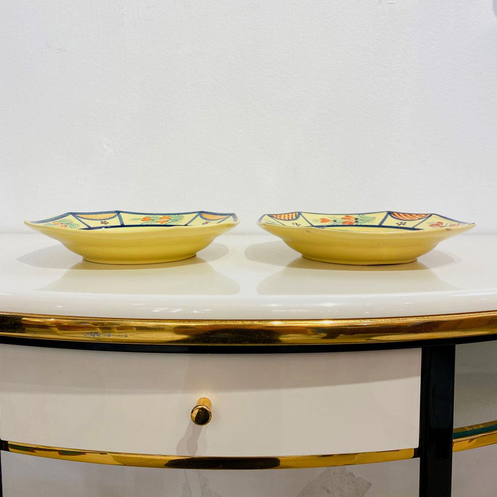 French Provincial 1930s French Henriot Quimper Faience Pair of Man Woman Octagonal Yellow Plates