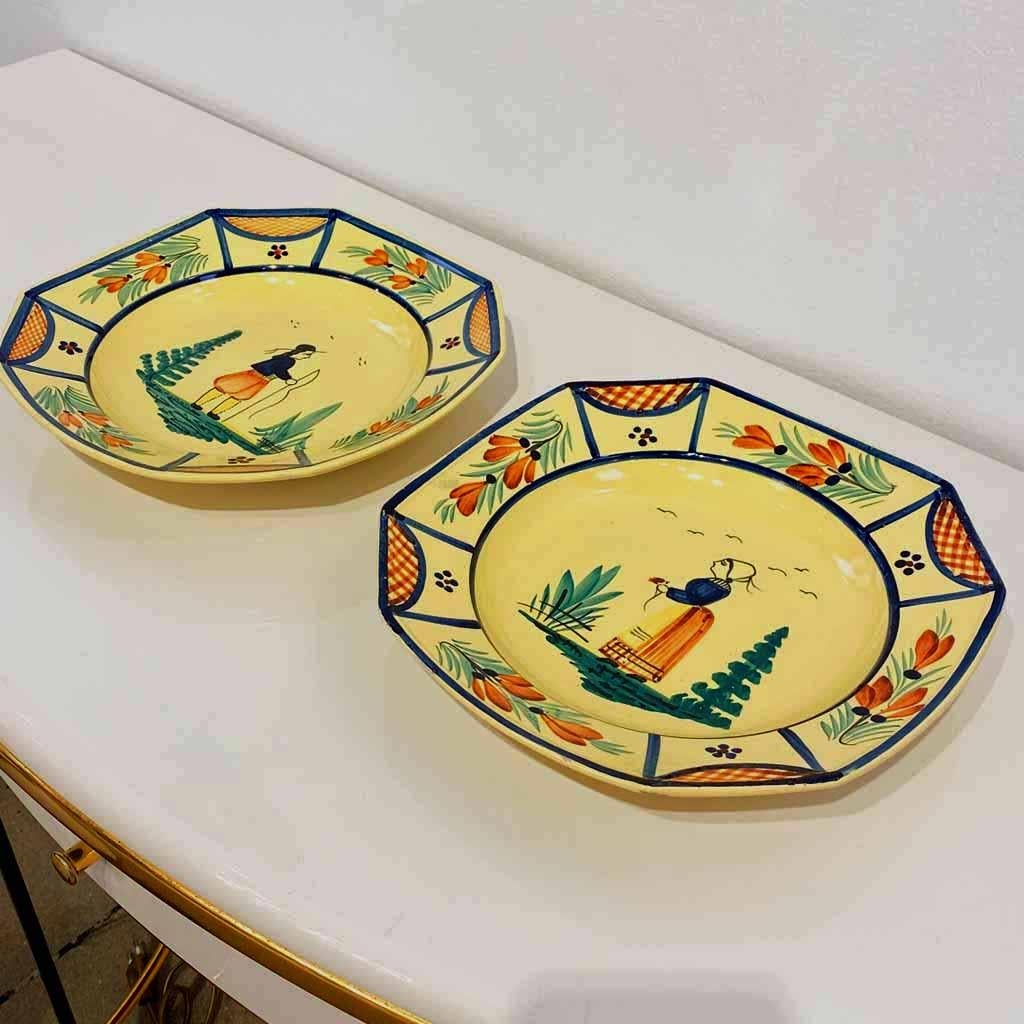 Hand-Crafted 1930s French Henriot Quimper Faience Pair of Man Woman Octagonal Yellow Plates