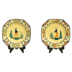 Antique 1930s French Henriot Quimper Faience Pair of Man Woman Octagonal Yellow Plates