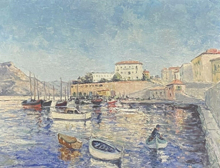 1930's FRENCH SIGNED IMPRESSIONIST OIL PAINTING - ST. JEAN CAP FERRAT HARBOUR - Painting by 1930's French Impressionist