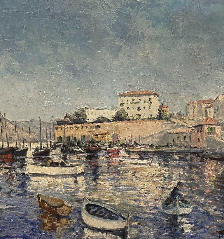1930's FRENCH SIGNED IMPRESSIONIST OIL PAINTING - ST. JEAN CAP FERRAT HARBOUR - Impressionist Painting by 1930's French Impressionist