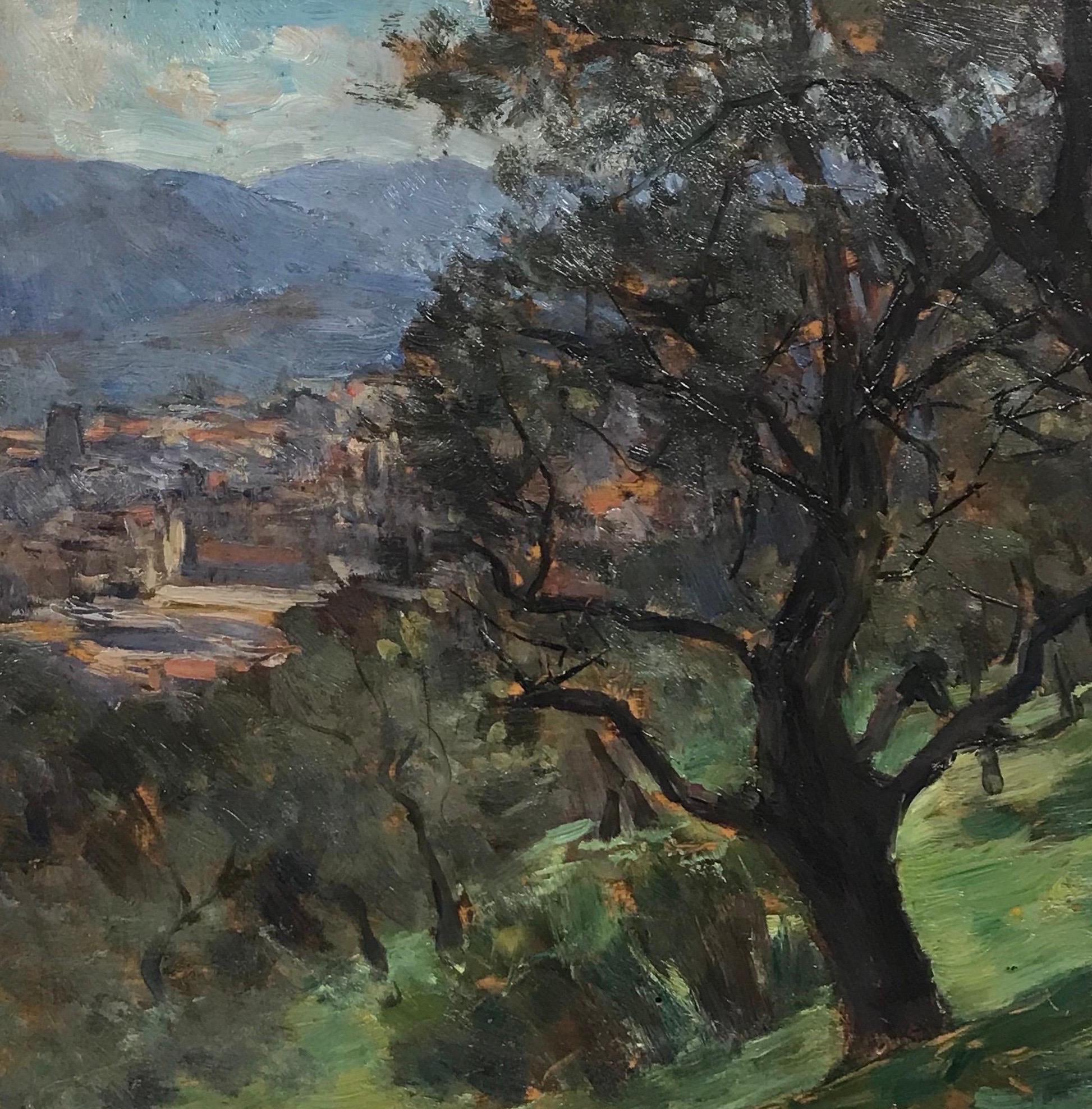Artist/ School: French School, circa 1930's

Title: Provencal Landscape view through trees

Medium: oil on board, framed

Framed: 13.5 x 16.5 inches
Board: 10.5 x 13.75 inches

Provenance: private collection, France

Condition: The painting is in