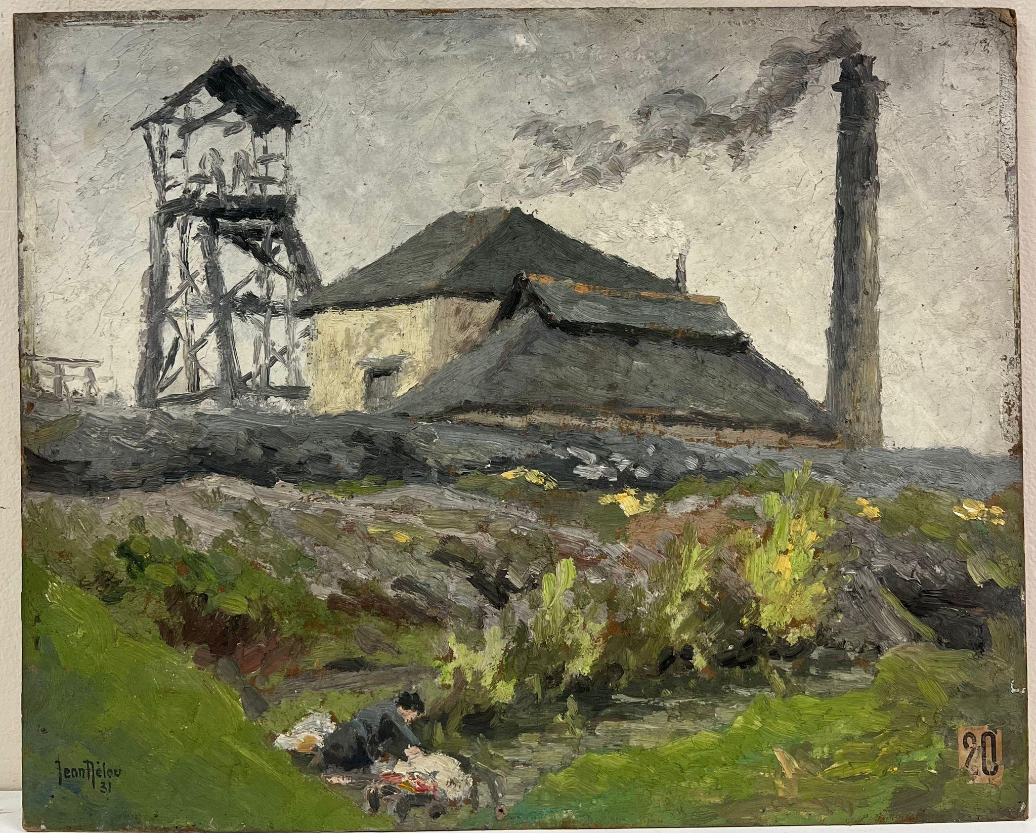 Figure laveuse dans un ruisseau campagnard à côté d'un bâtiment industriel, huile signée française - Impressionnisme Painting par 1930's French Impressionist